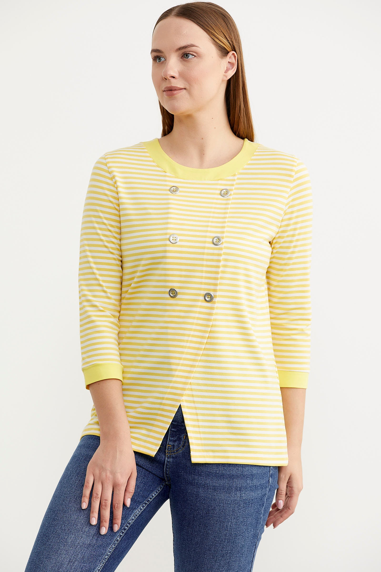 Çizgili Uzun Kol Düğme Detaylı Tişört - Sarı (3) Sementa