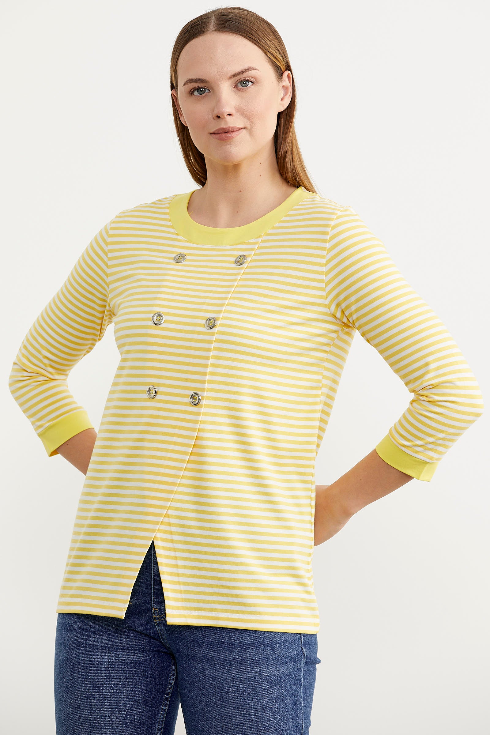 Çizgili Uzun Kol Düğme Detaylı Tişört - Sarı (4) Sementa