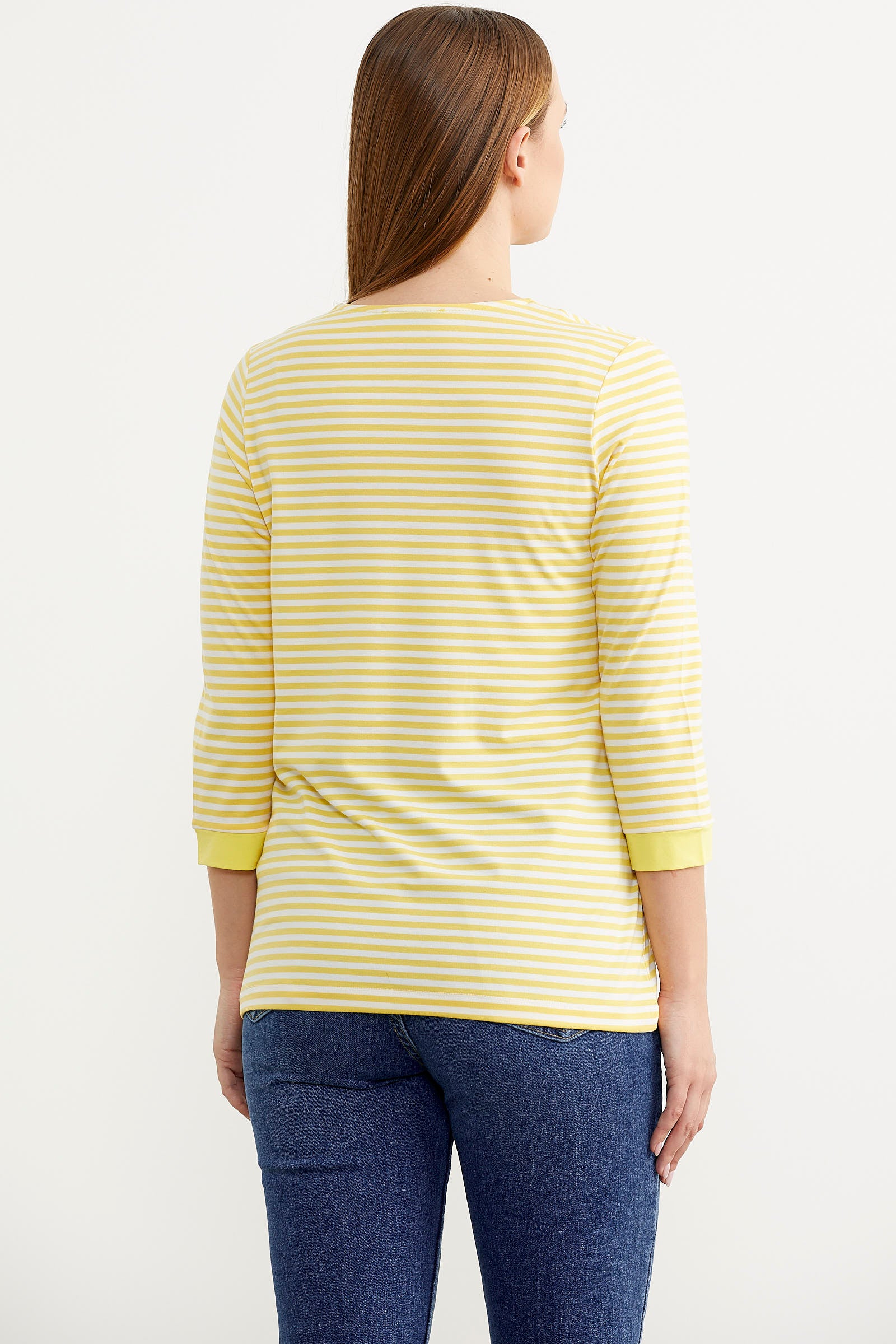 Çizgili Uzun Kol Düğme Detaylı Tişört - Sarı (5) Sementa