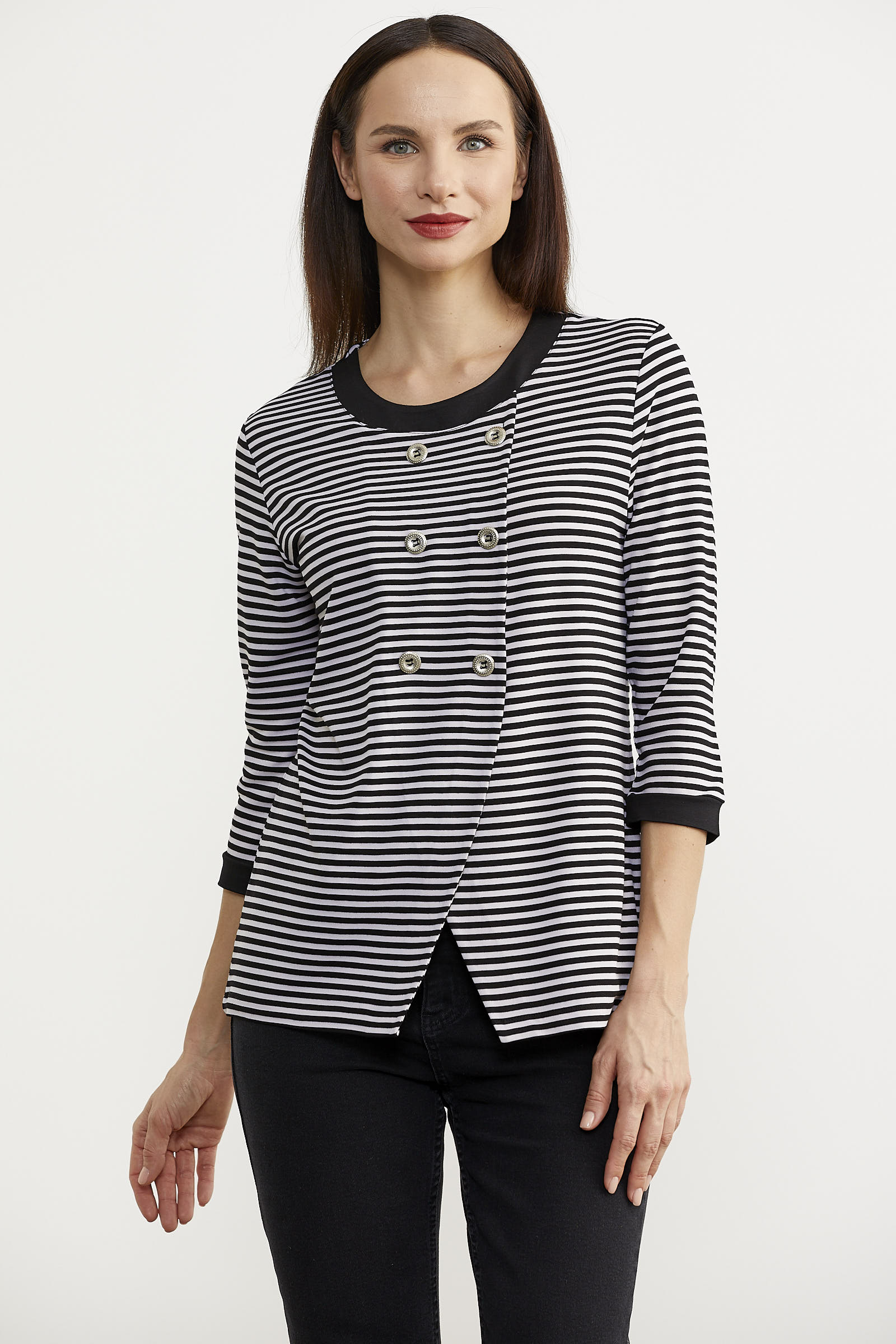 Çizgili Uzun Kol Düğme Detaylı Tişört - Siyah (2) Sementa