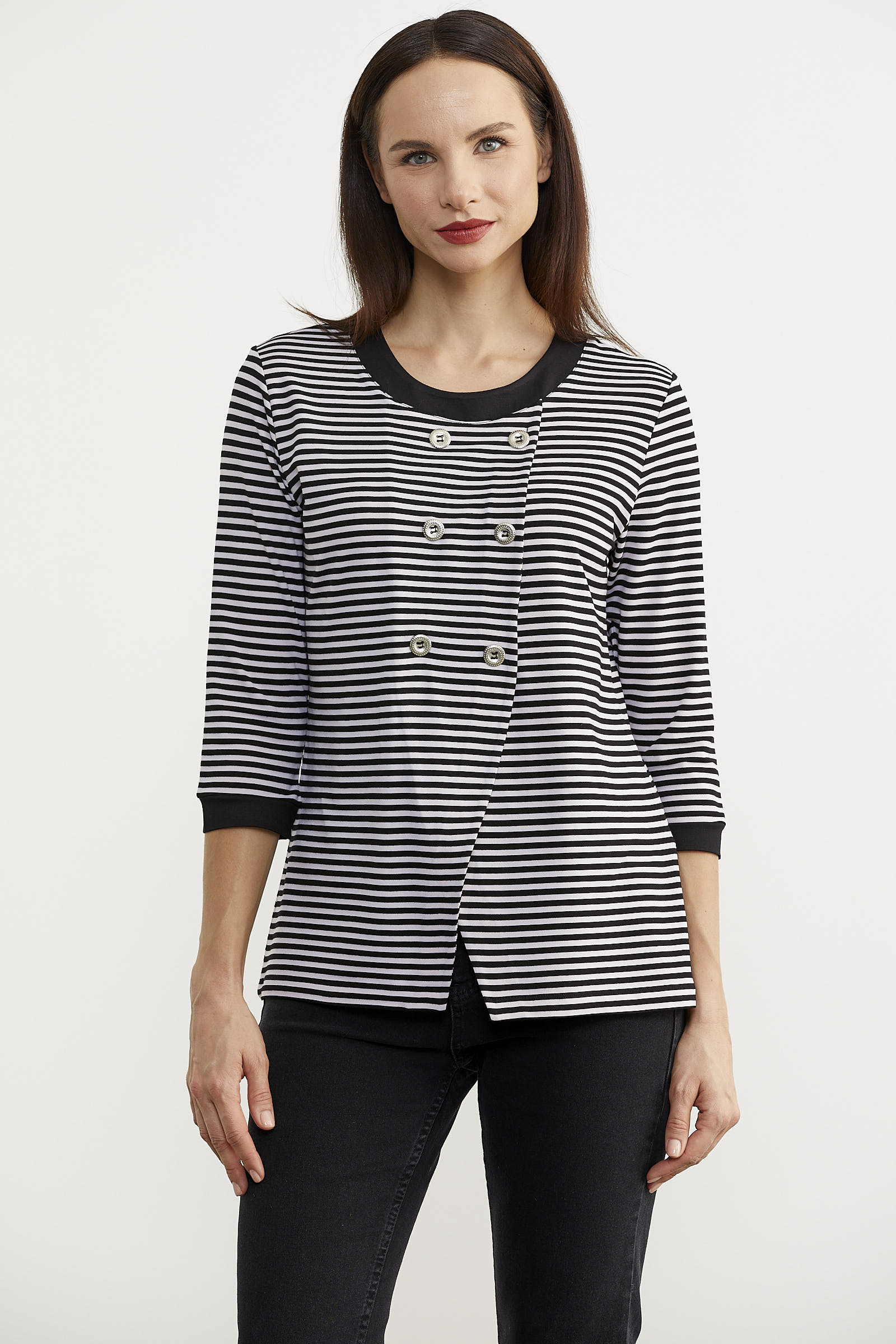 Çizgili Uzun Kol Düğme Detaylı Tişört - Siyah (3) Sementa