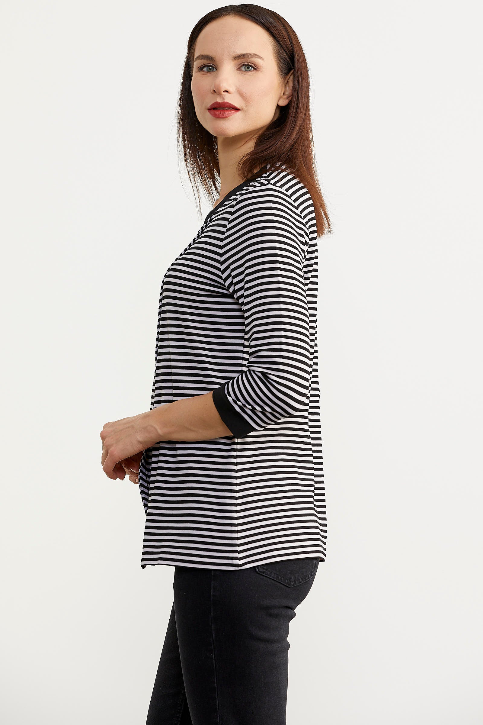 Çizgili Uzun Kol Düğme Detaylı Tişört - Siyah (4) Sementa