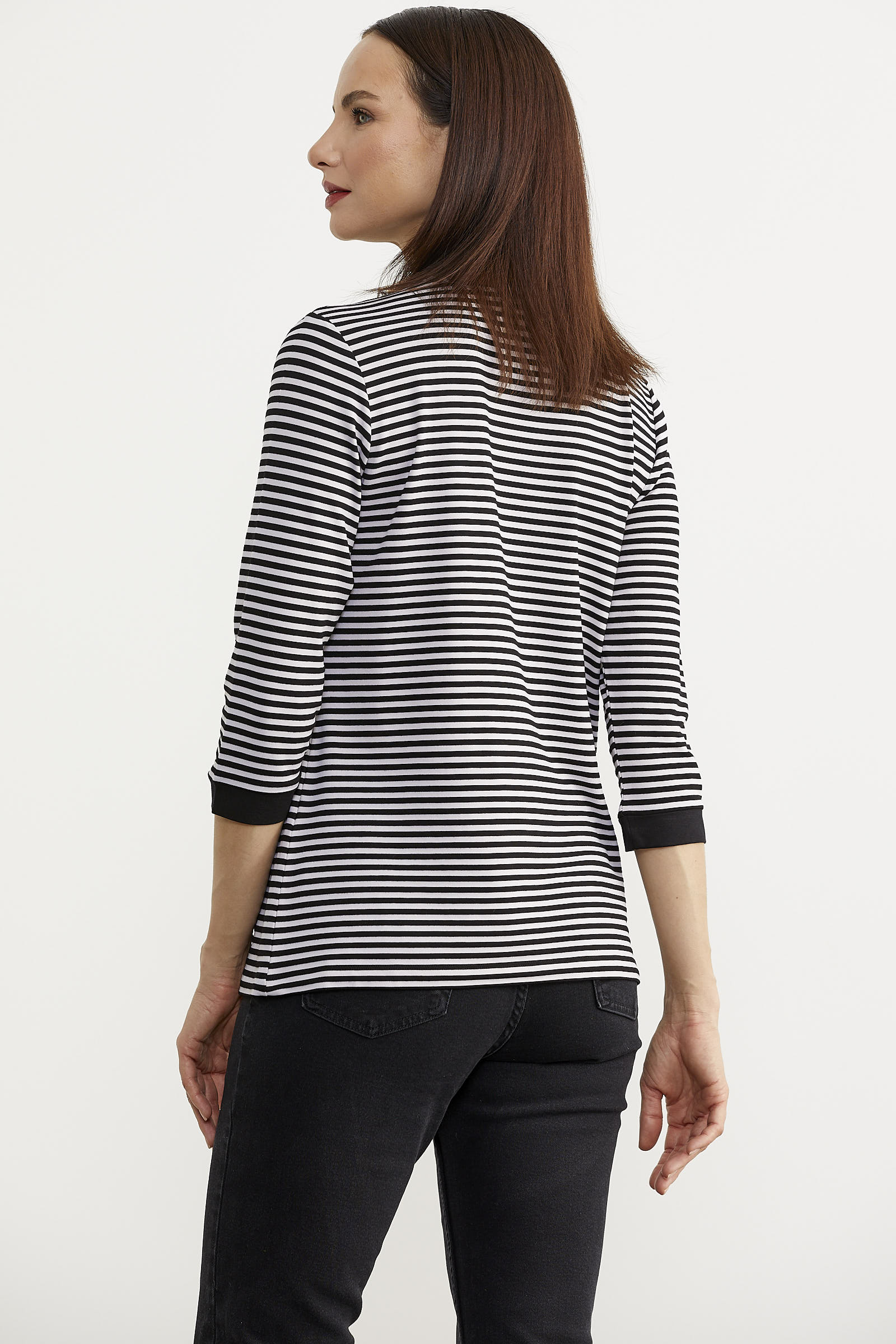 Çizgili Uzun Kol Düğme Detaylı Tişört - Siyah (5) Sementa
