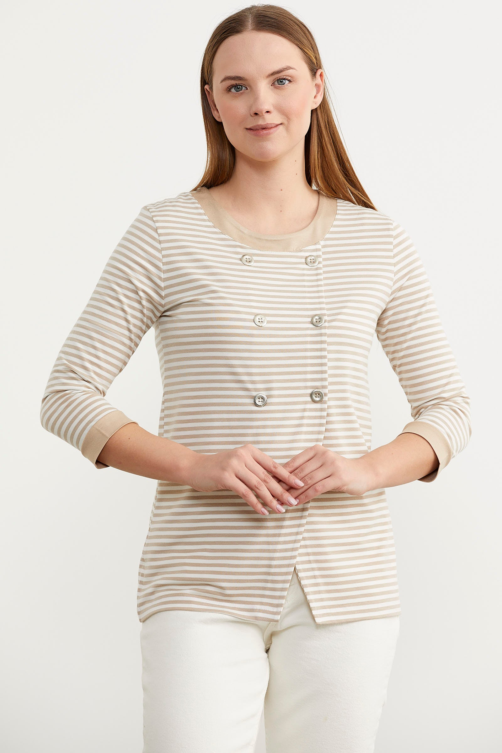 Çizgili Uzun Kol Düğme Detaylı Tişört - Vizon (2) Sementa