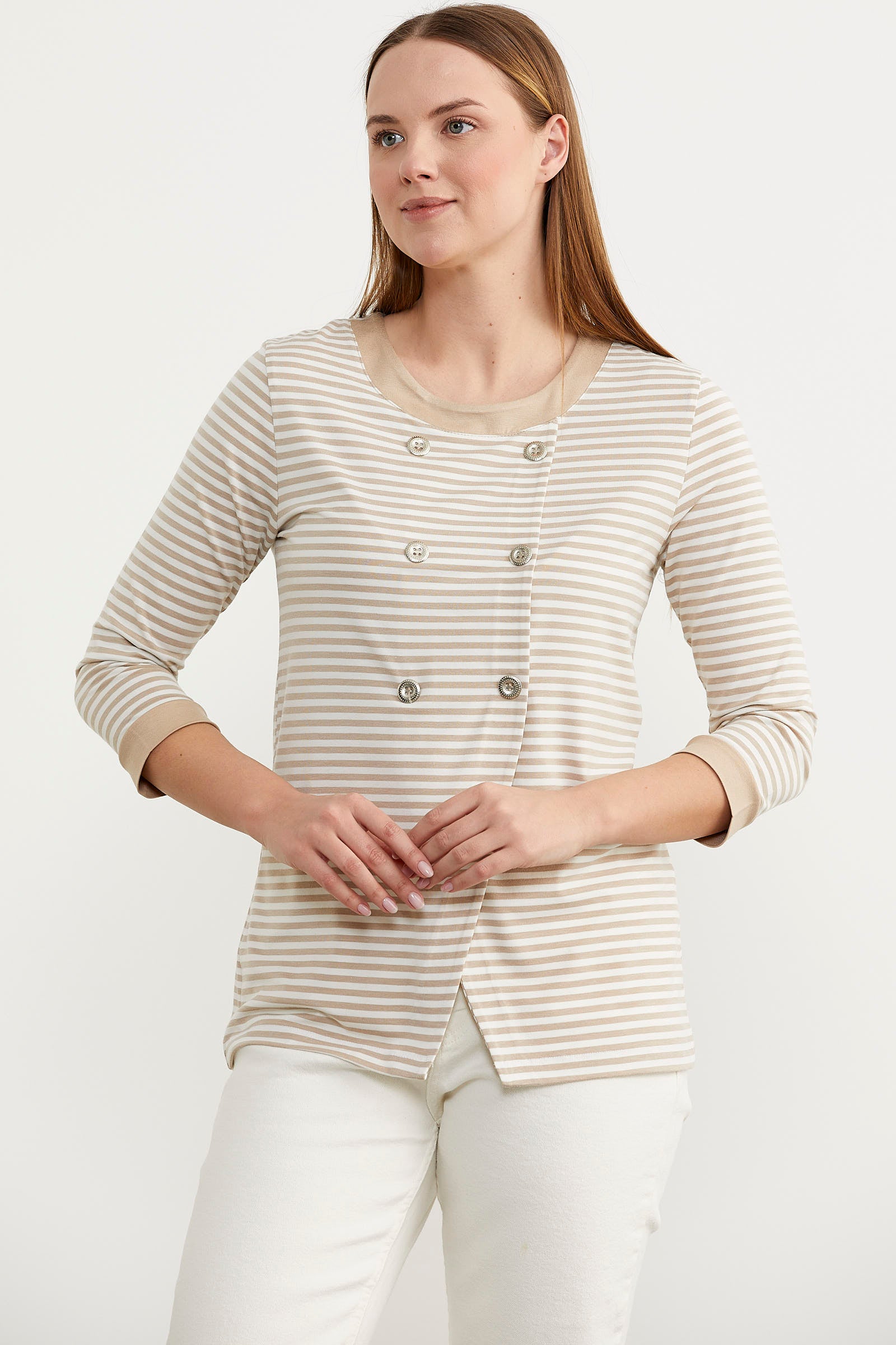 Çizgili Uzun Kol Düğme Detaylı Tişört - Vizon (3) Sementa
