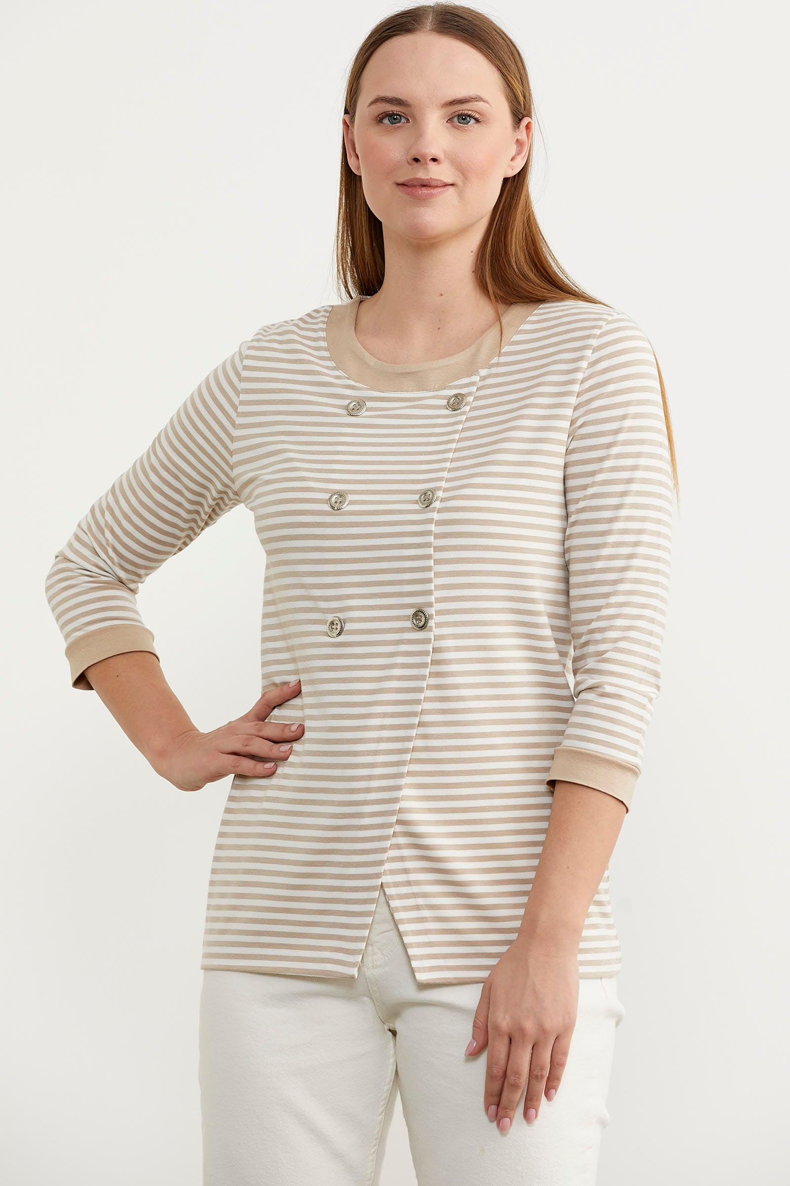 Çizgili Uzun Kol Düğme Detaylı Tişört - Vizon (4) Sementa