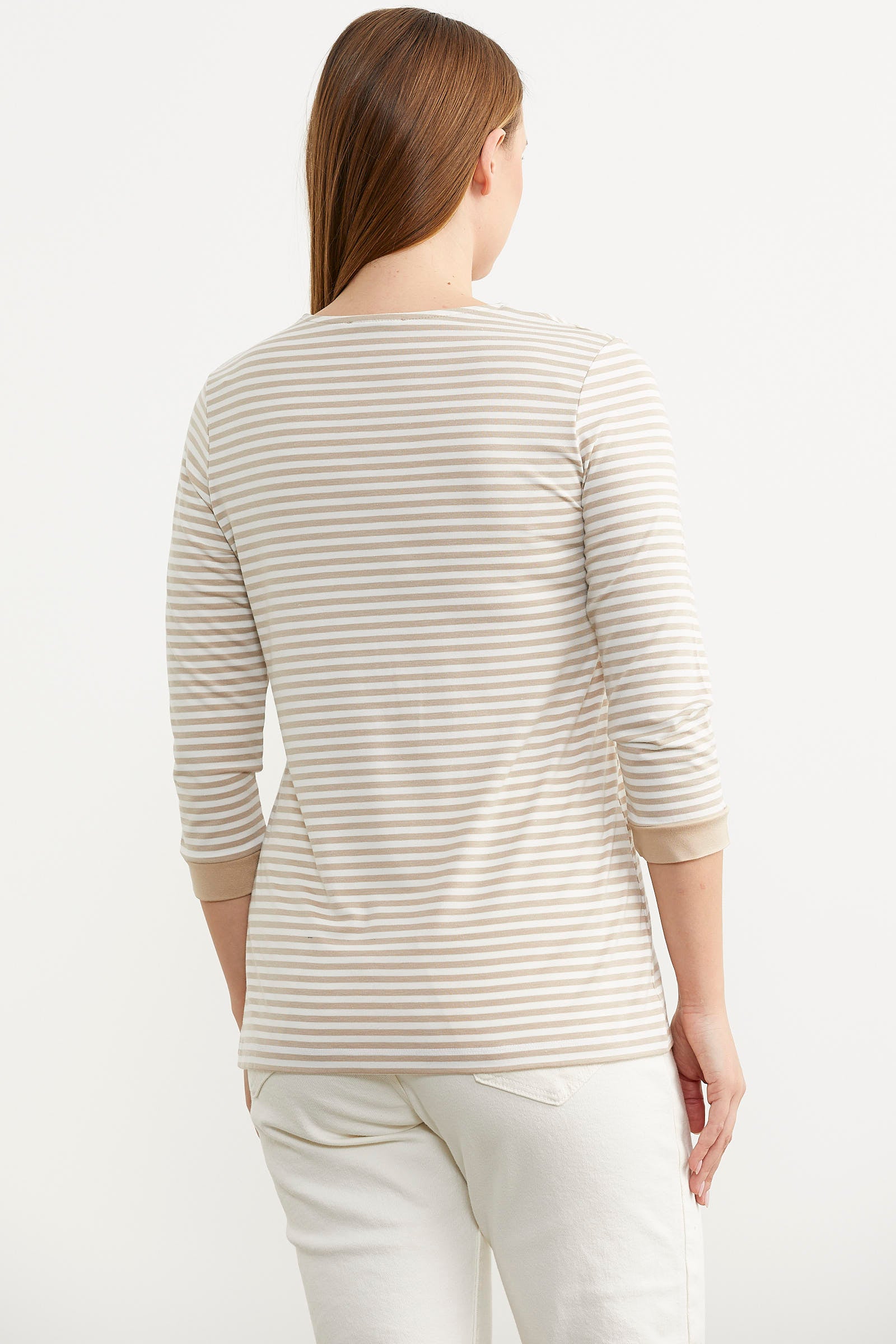 Çizgili Uzun Kol Düğme Detaylı Tişört - Vizon (5) Sementa