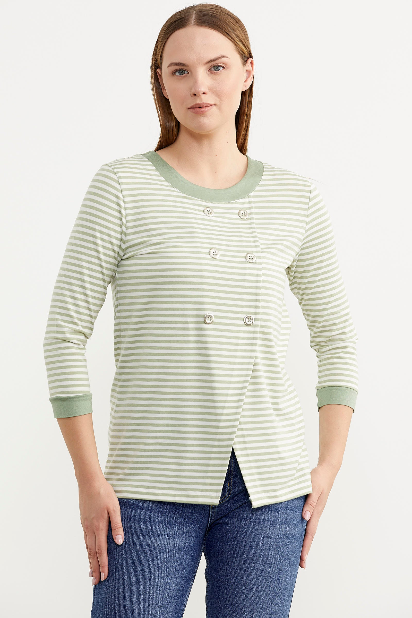 Çizgili Uzun Kol Düğme Detaylı Tişört - Yeşil (2) Sementa