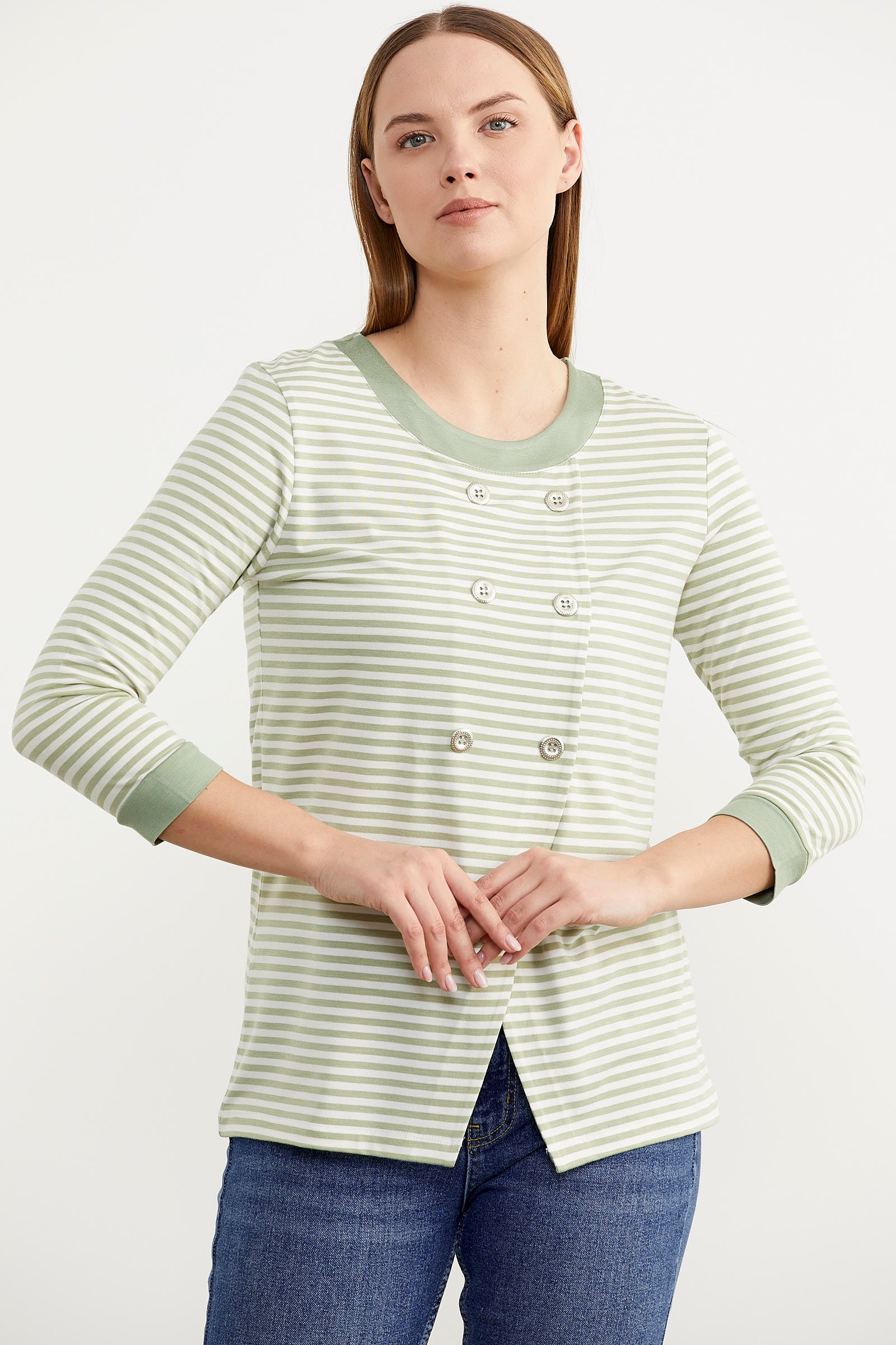 Çizgili Uzun Kol Düğme Detaylı Tişört - Yeşil (3) Sementa