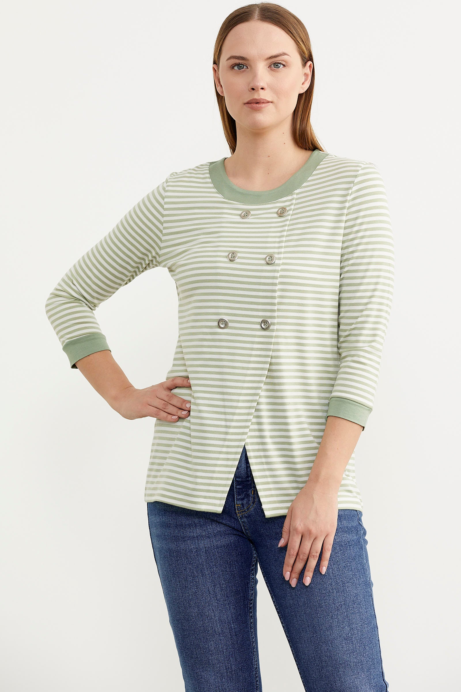 Çizgili Uzun Kol Düğme Detaylı Tişört - Yeşil (4) Sementa