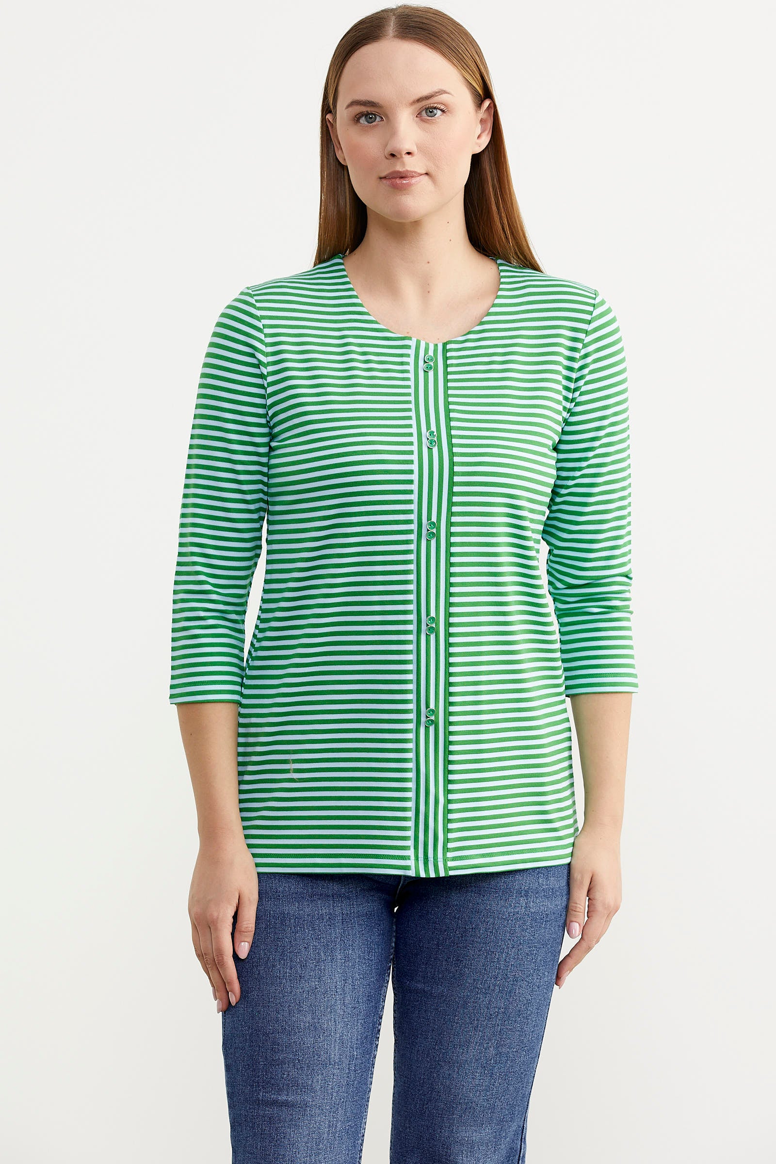 Çizgili Uzun Kol Patlı Tişört - Yeşil (1) Sementa