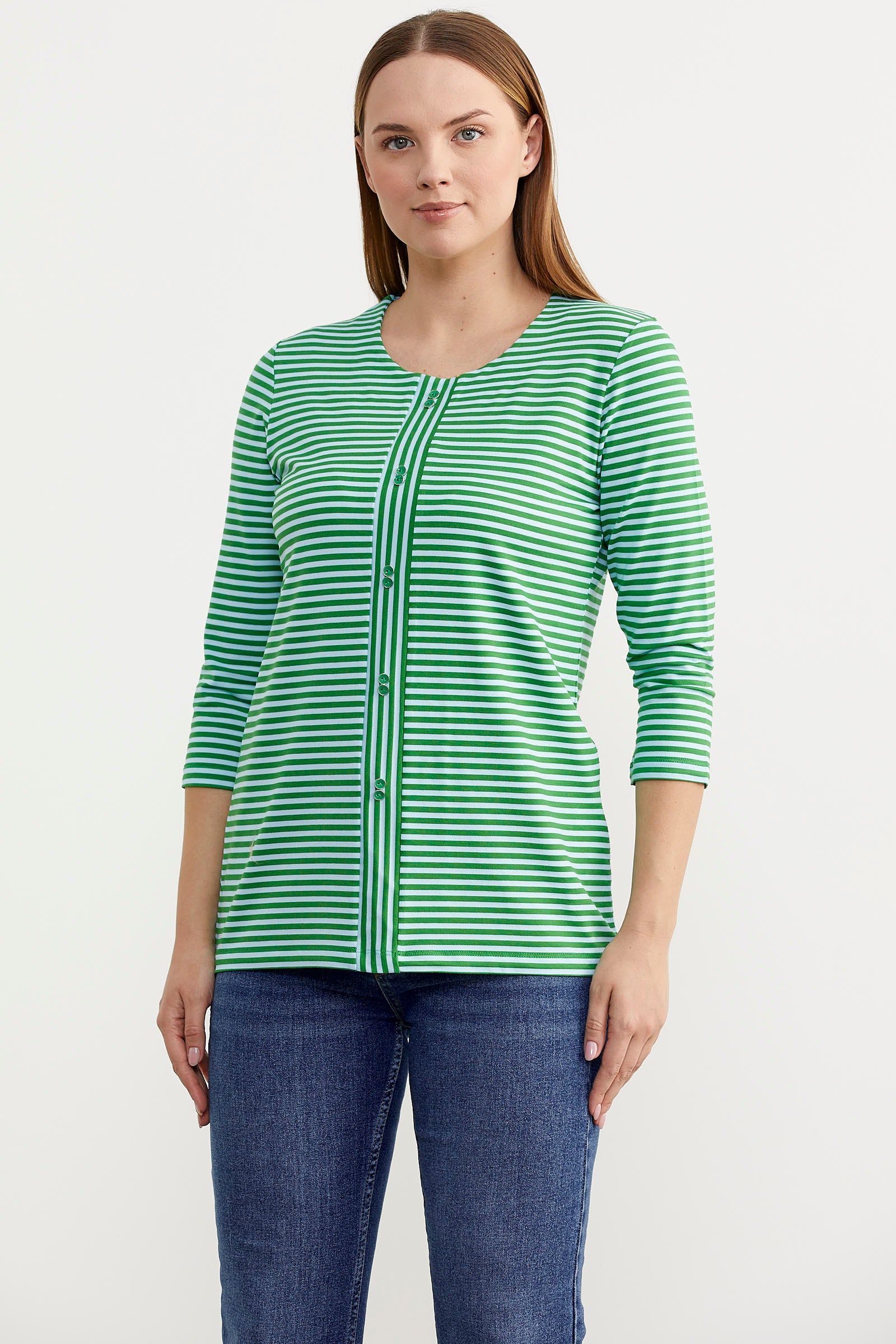 Çizgili Uzun Kol Patlı Tişört - Yeşil (2) Sementa