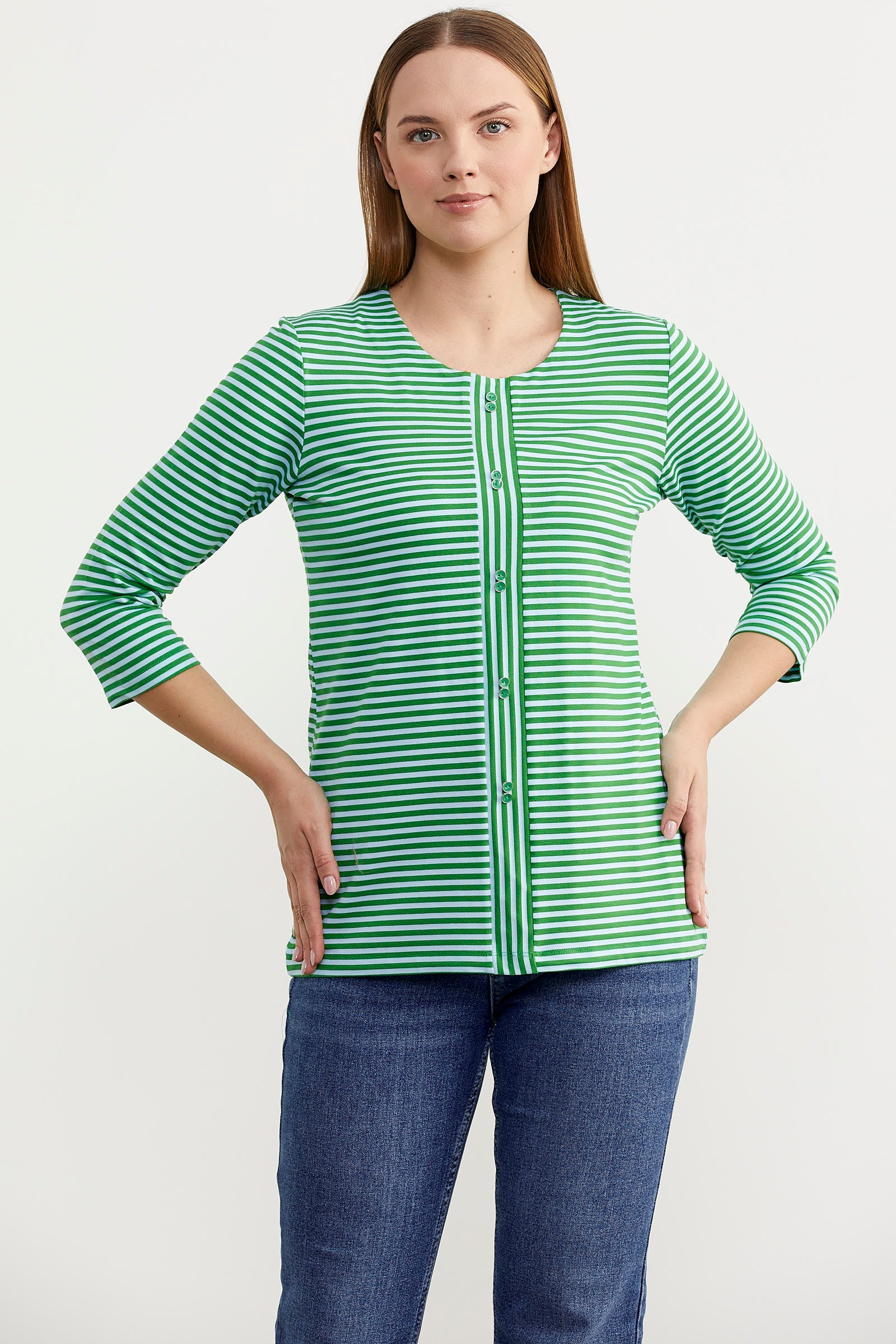 Çizgili Uzun Kol Patlı Tişört - Yeşil (3) Sementa