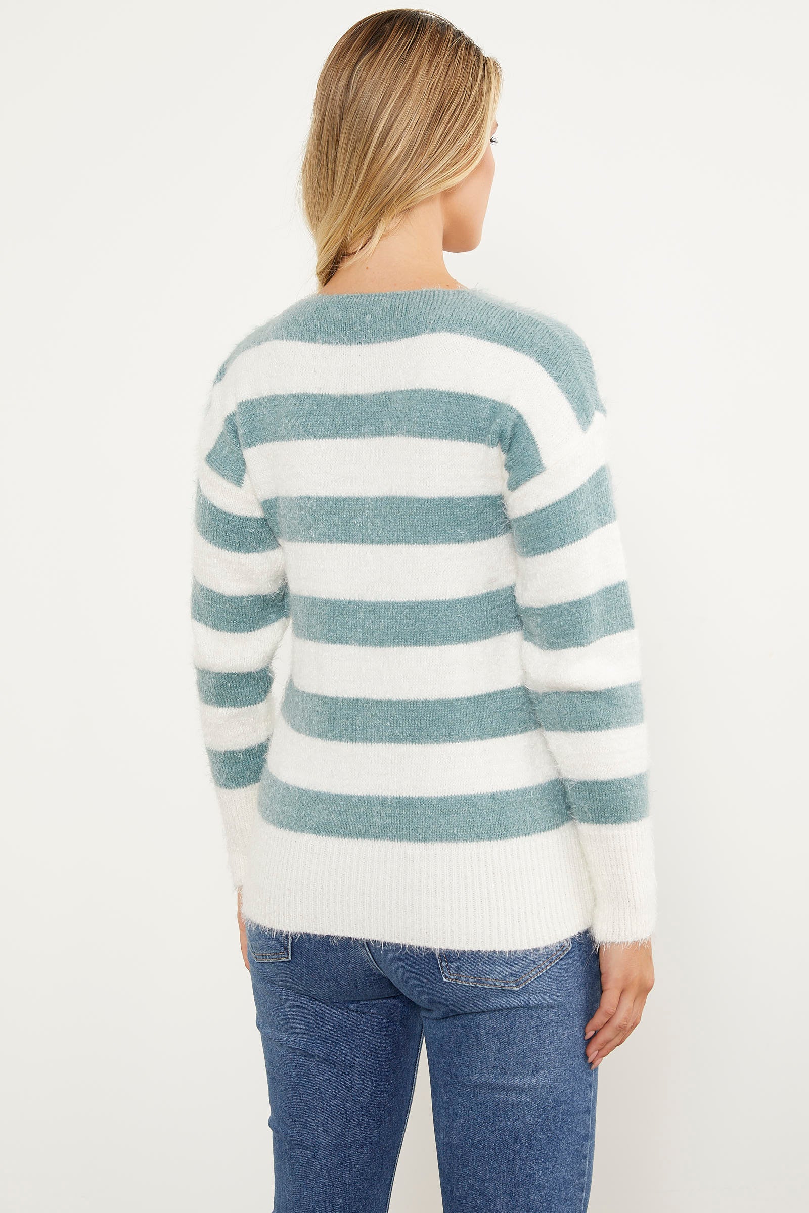 Çizgili V Yaka Triko Kazak - Mint (6) Sementa