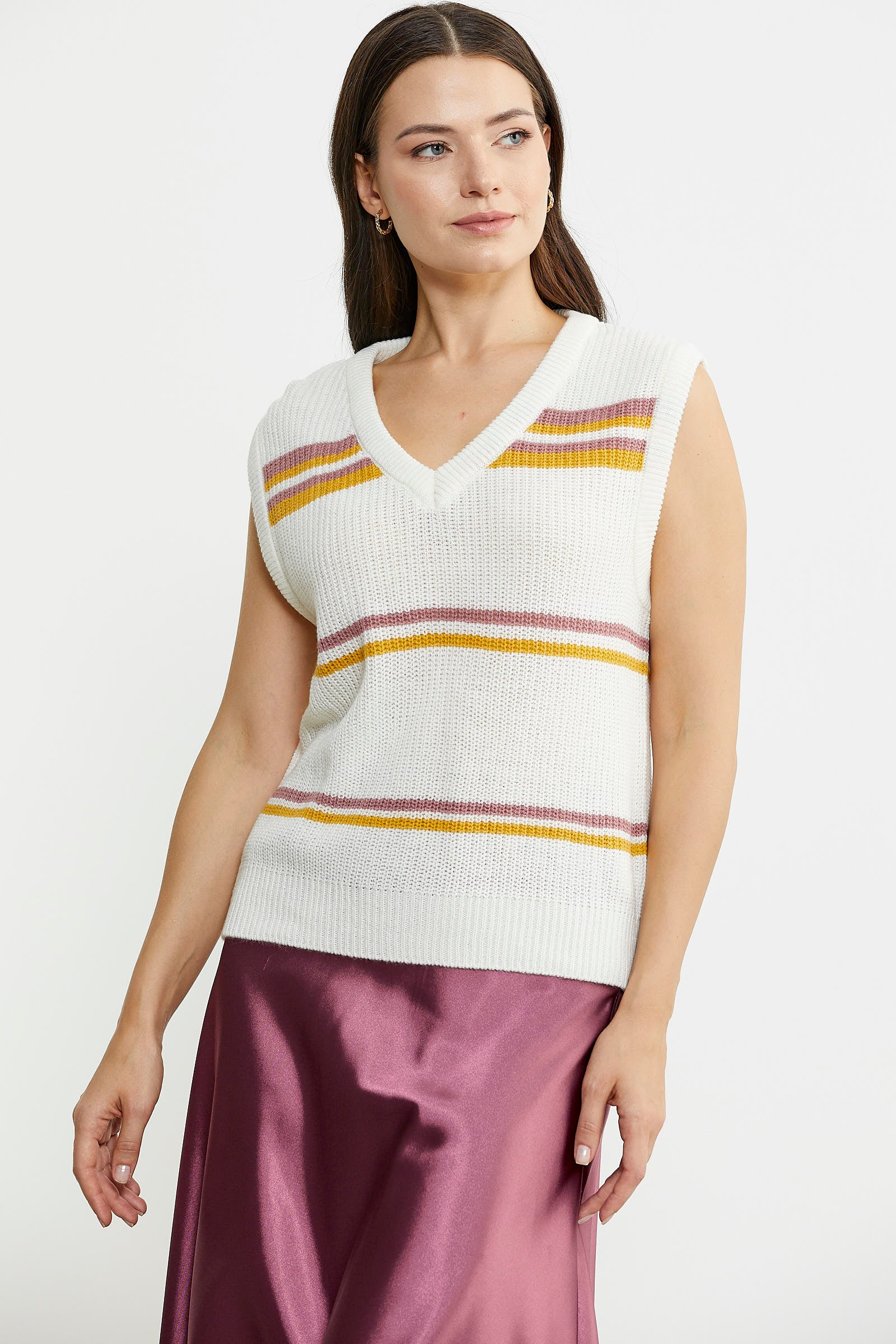 Çizgili V Yaka Yünlü Triko Süveter - Kemik - Sementa