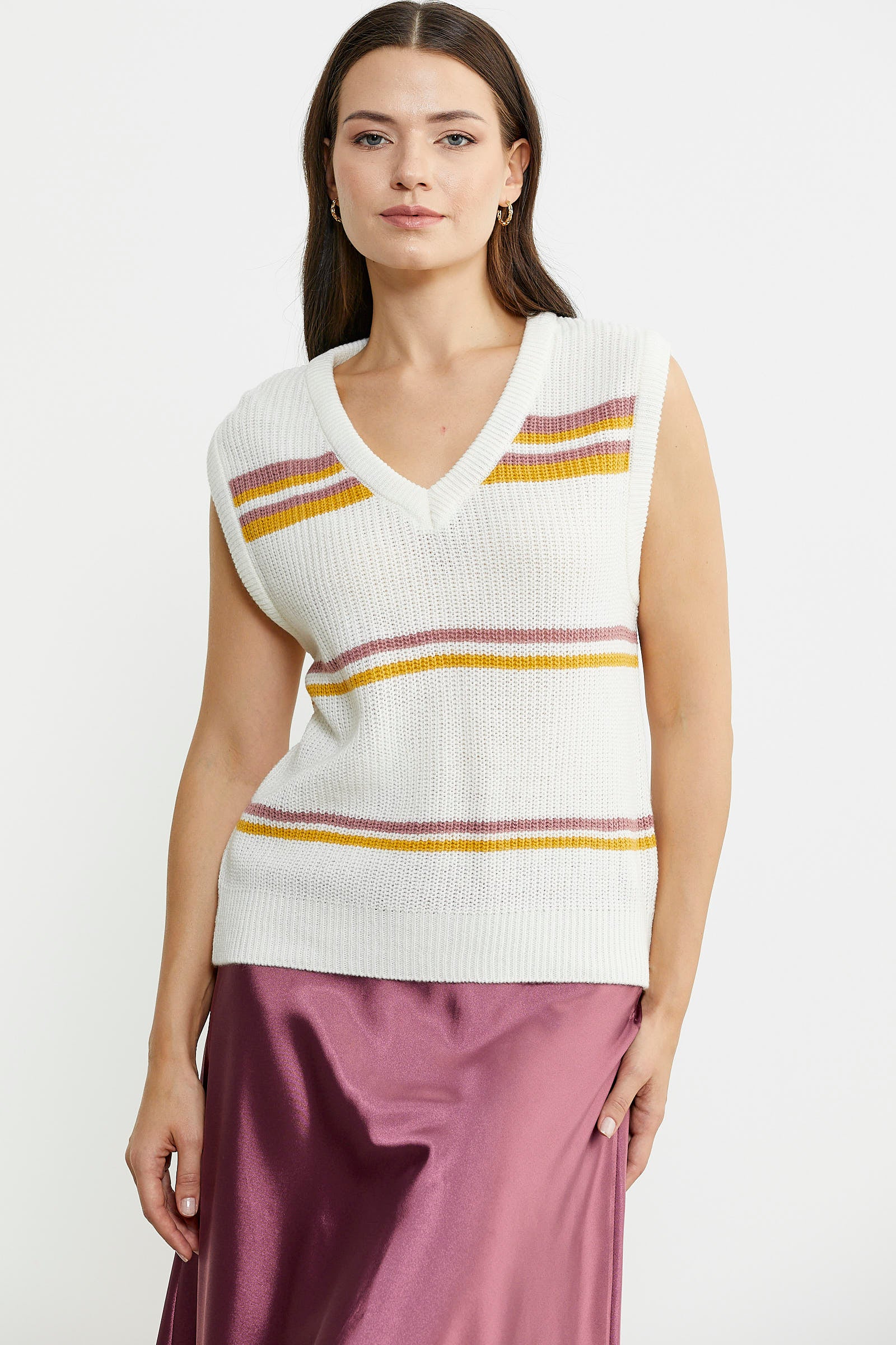 Çizgili V Yaka Yünlü Triko Süveter - Kemik - Sementa
