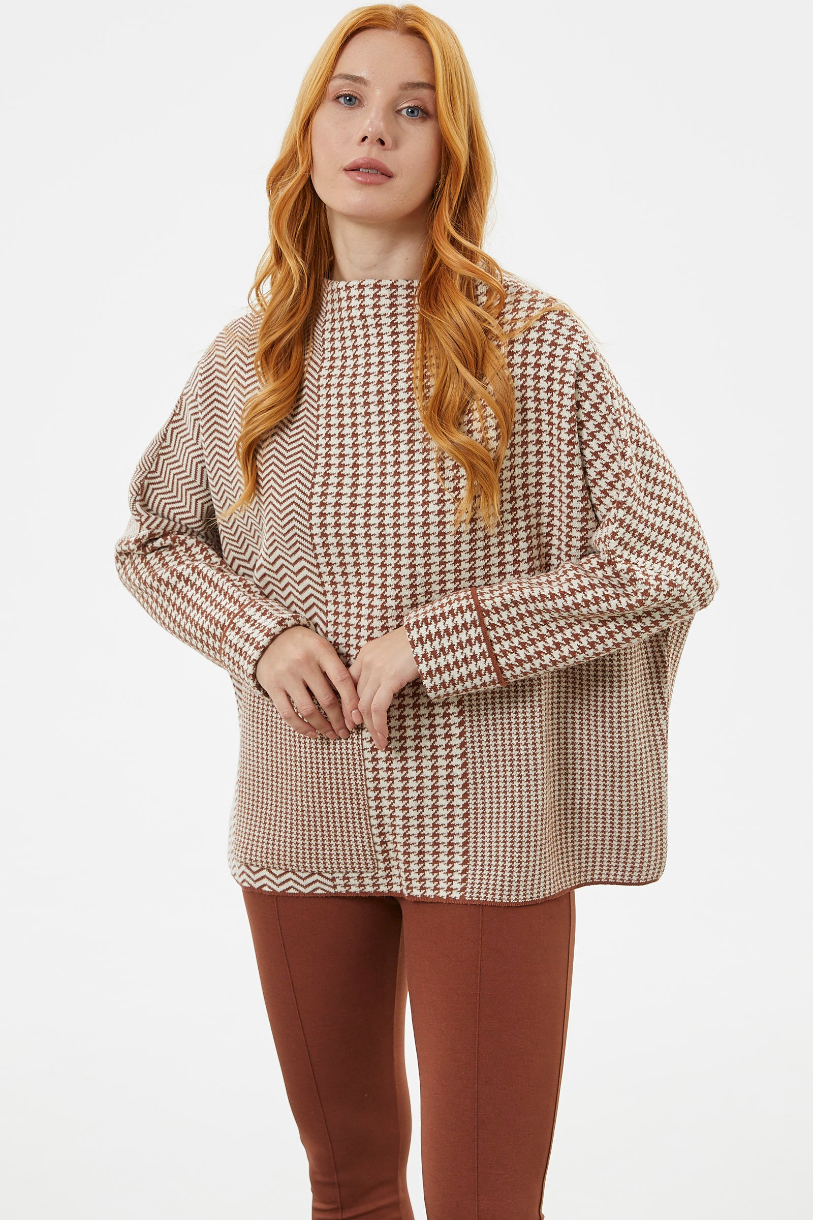 Çok Geniş Kalıp Kazayağı Desen Triko Kazak - Kiremit (4) Sementa