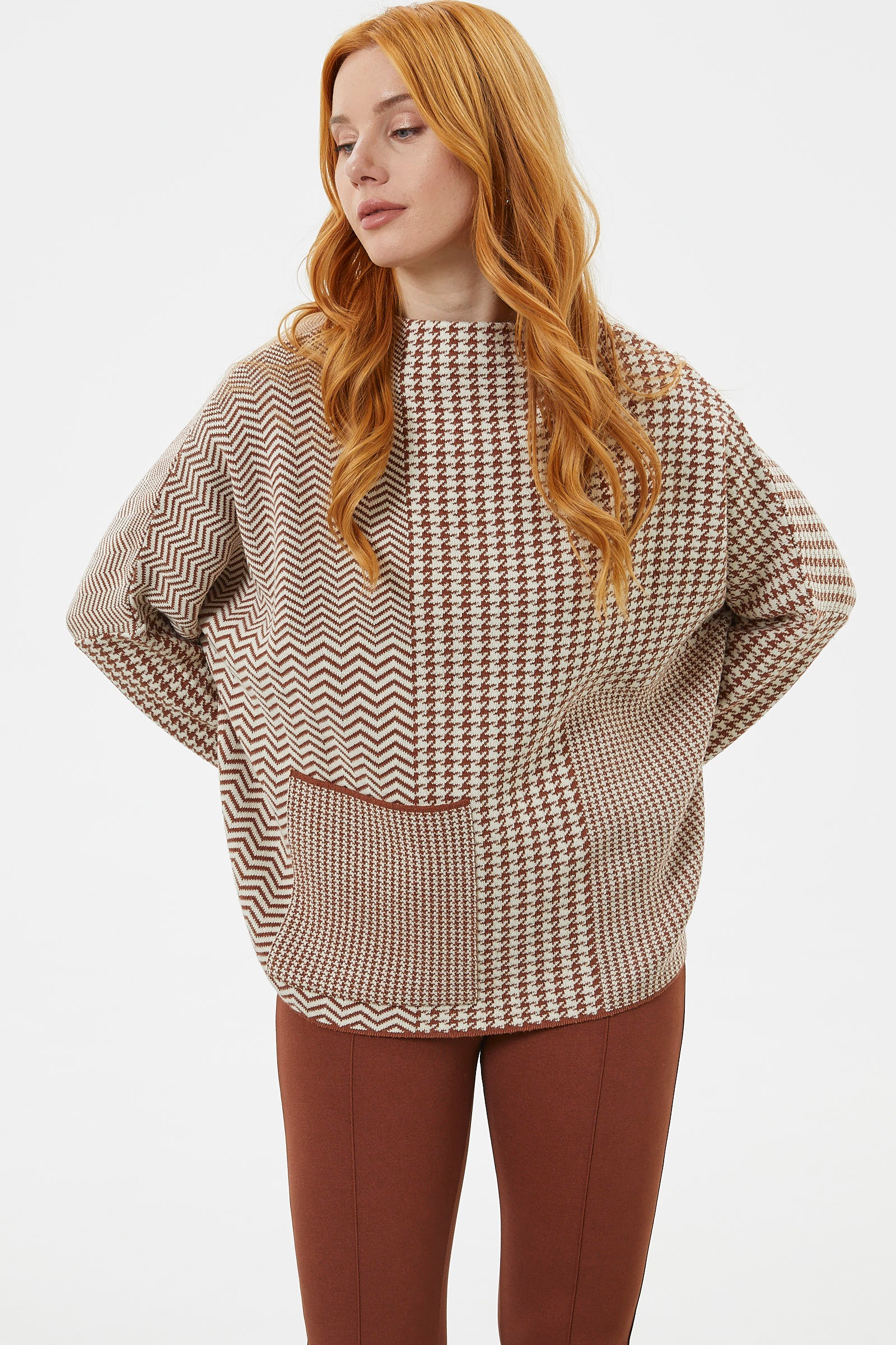 Çok Geniş Kalıp Kazayağı Desen Triko Kazak - Kiremit (6) Sementa