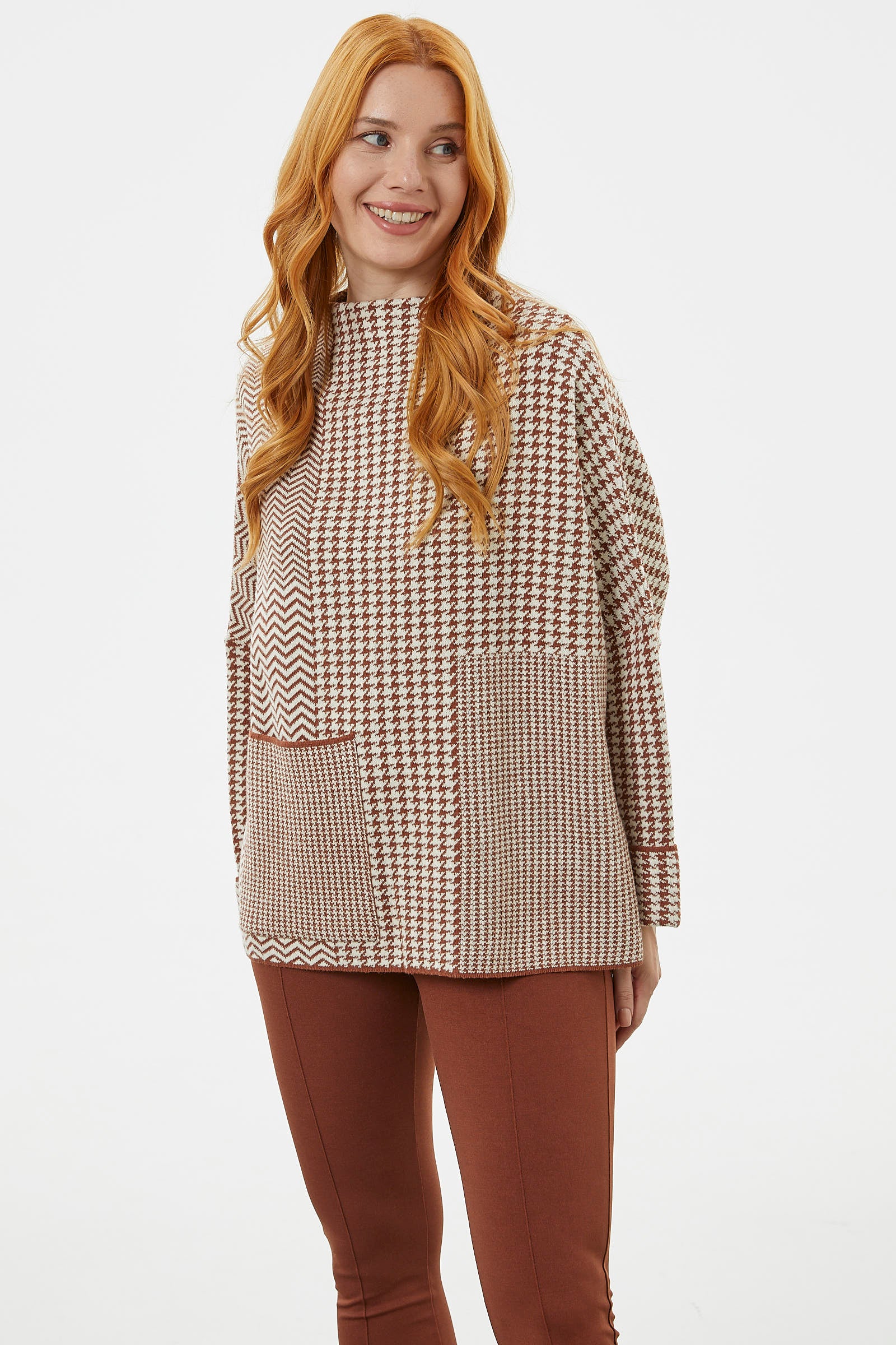 Çok Geniş Kalıp Kazayağı Desen Triko Kazak - Kiremit (5) Sementa