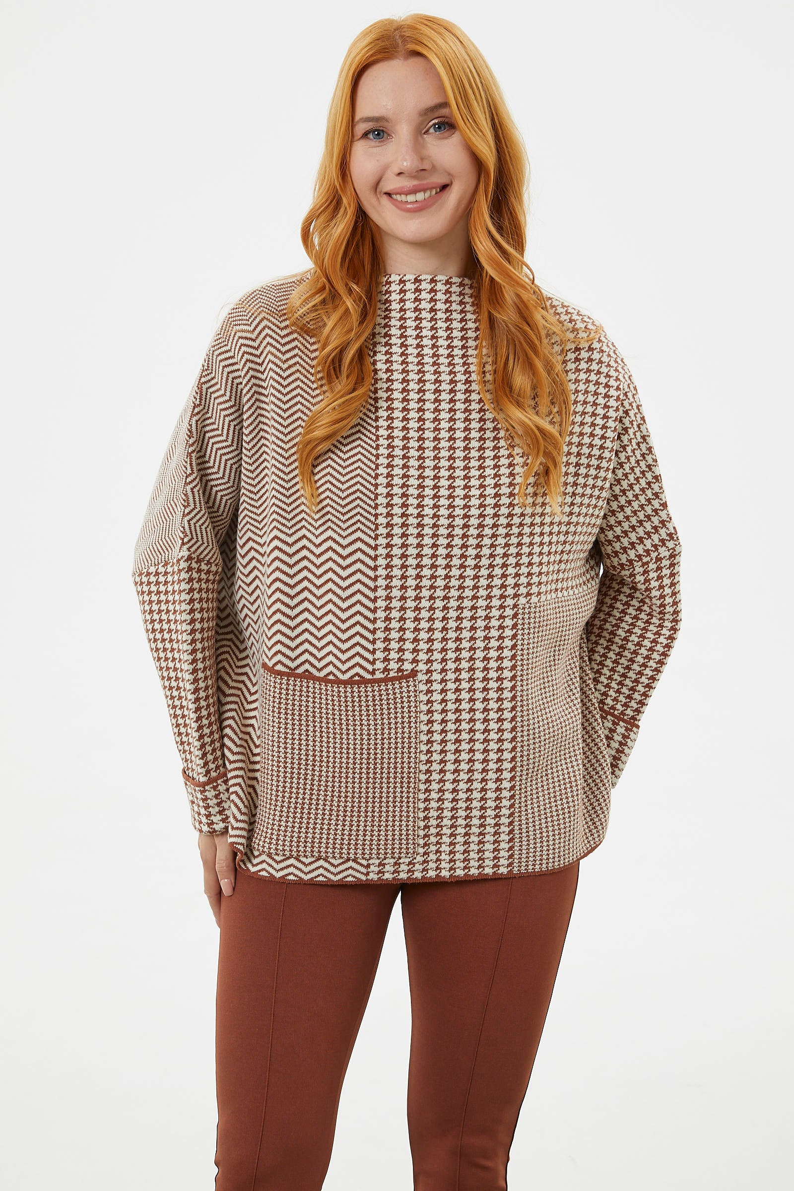 Çok Geniş Kalıp Kazayağı Desen Triko Kazak - Kiremit (3) Sementa