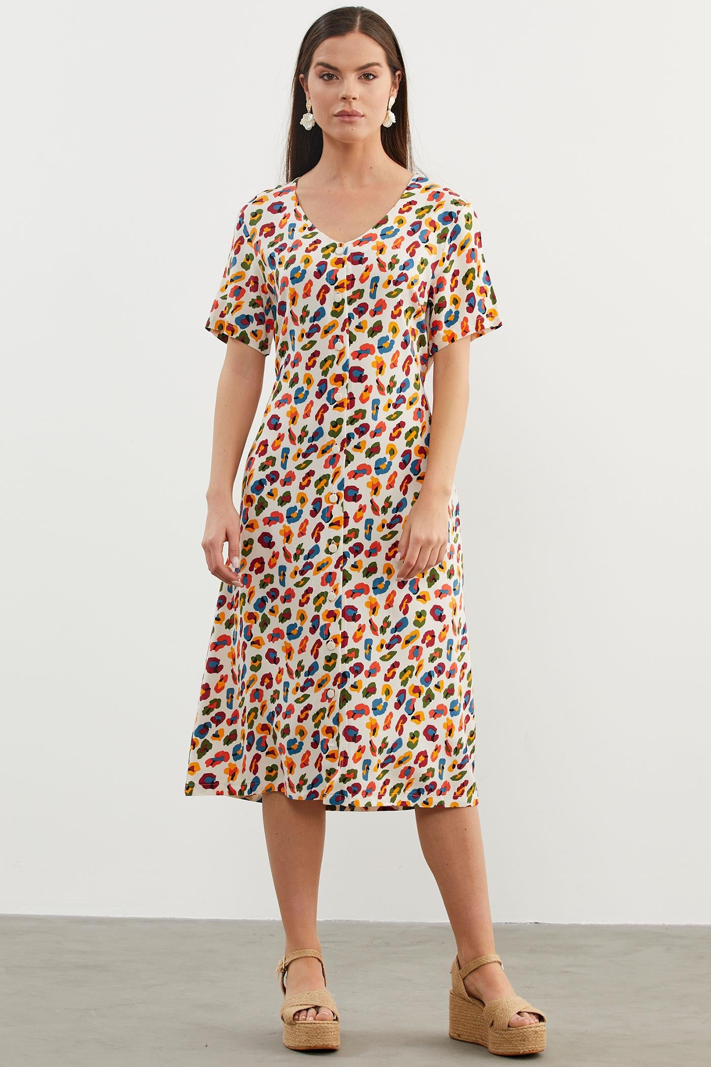 Çok Renk Desenli Gömlek Elbise - Ekru (1) Sementa