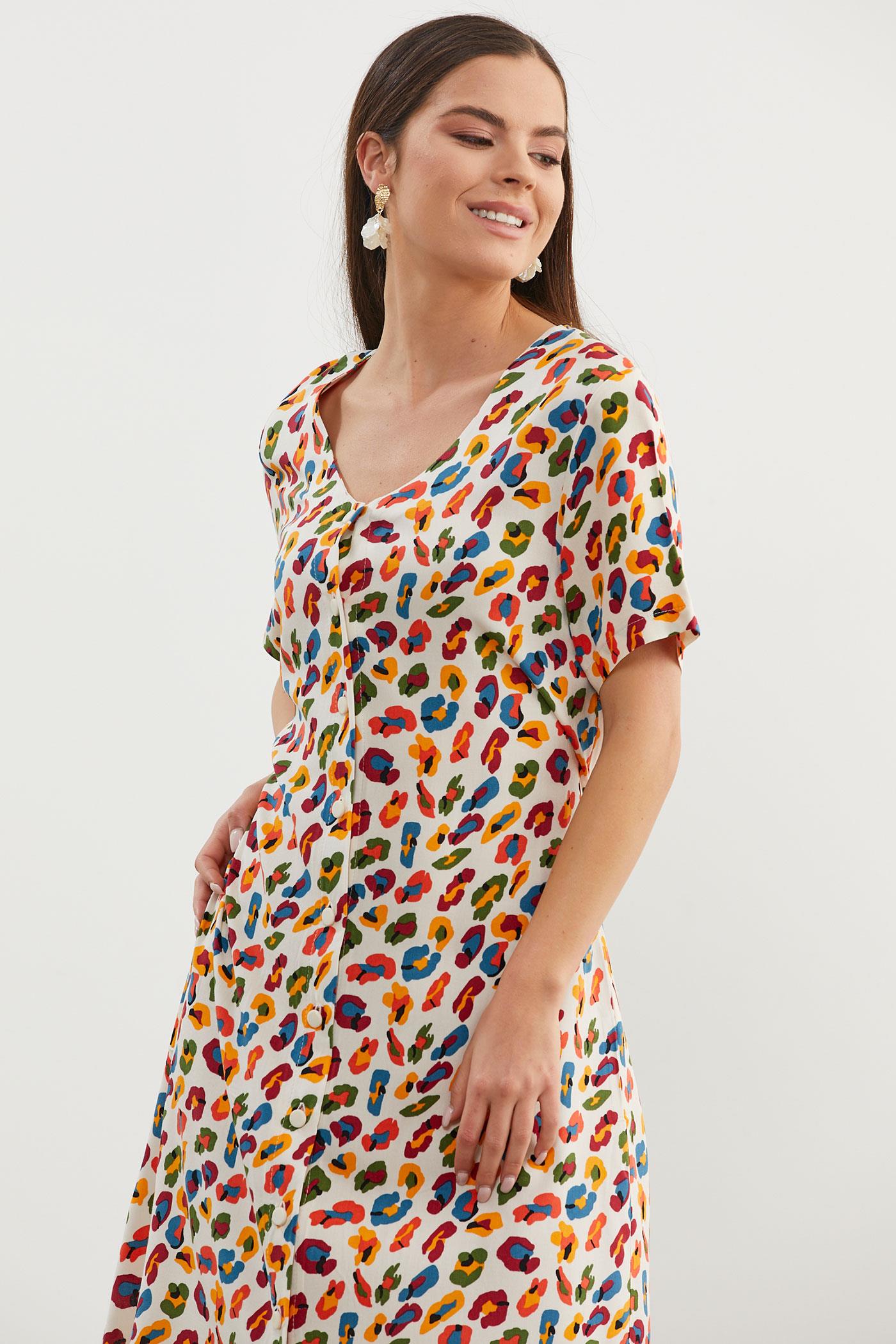 Çok Renk Desenli Gömlek Elbise - Ekru (3) Sementa