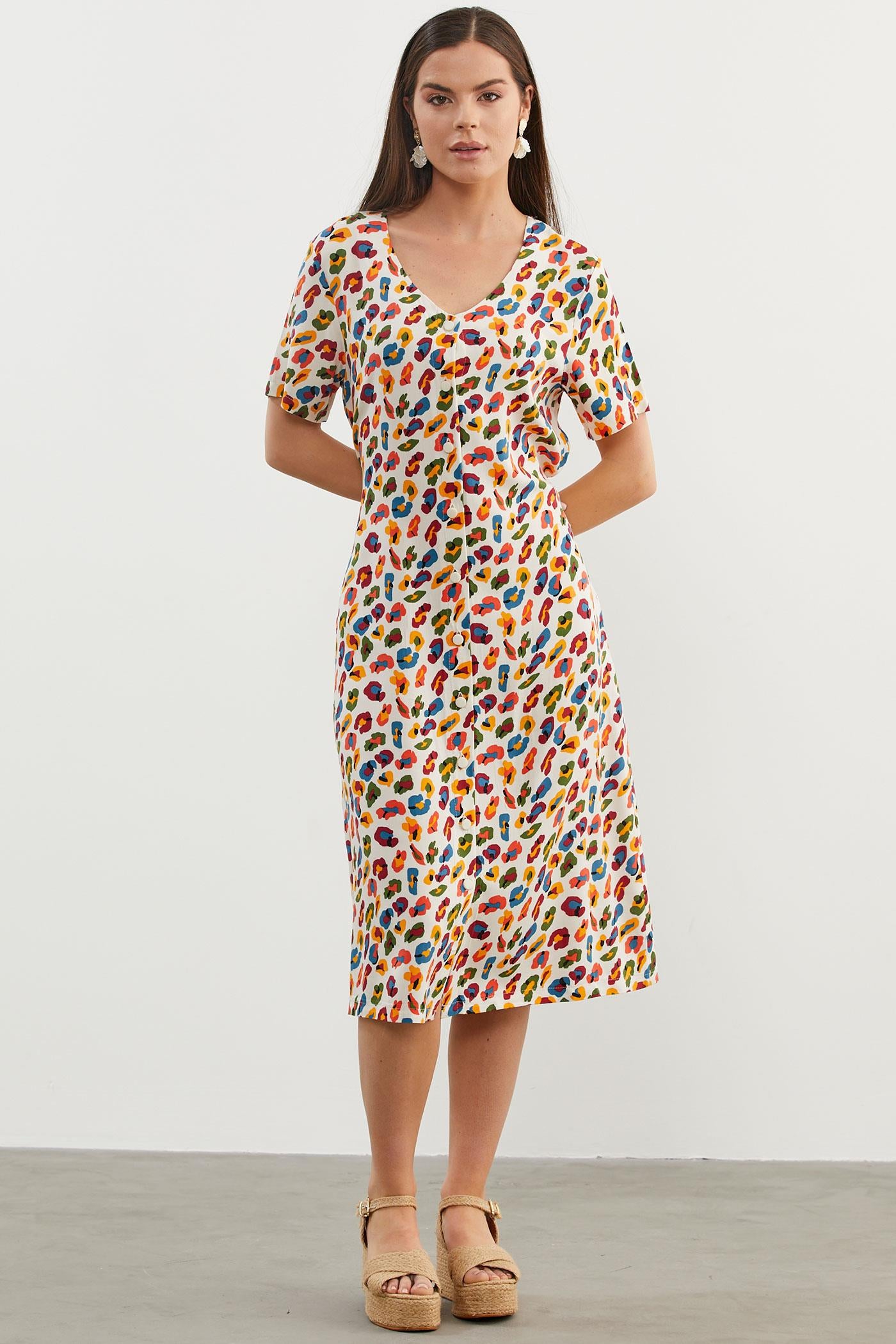 Çok Renk Desenli Gömlek Elbise - Ekru (4) Sementa