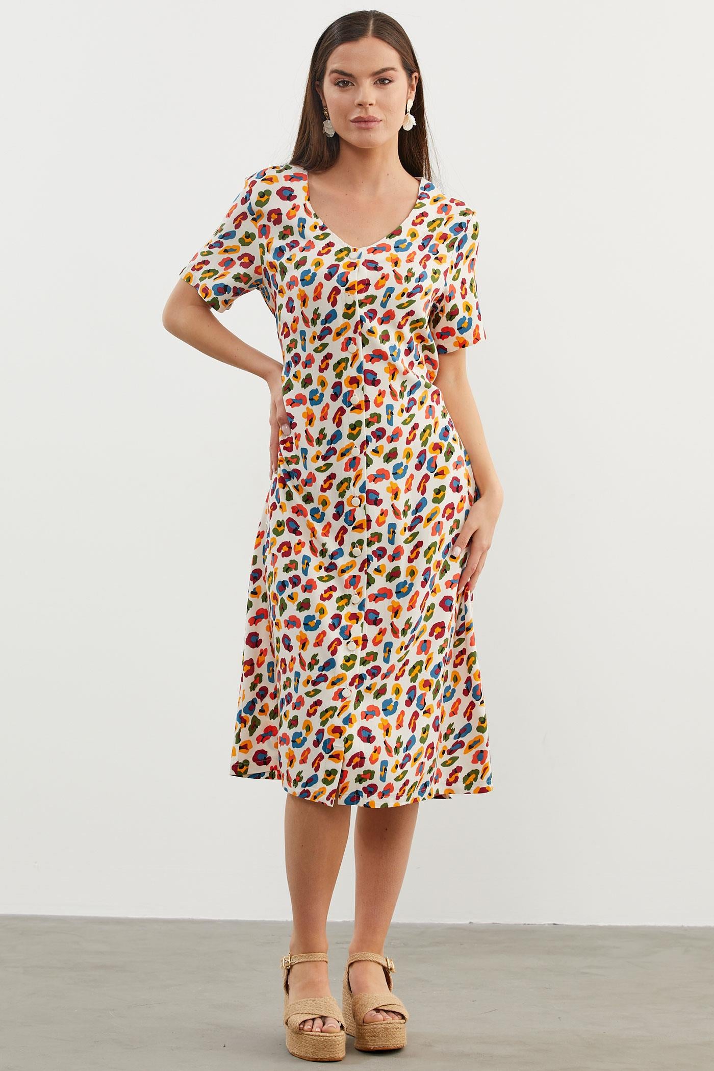 Çok Renk Desenli Gömlek Elbise - Ekru (5) Sementa