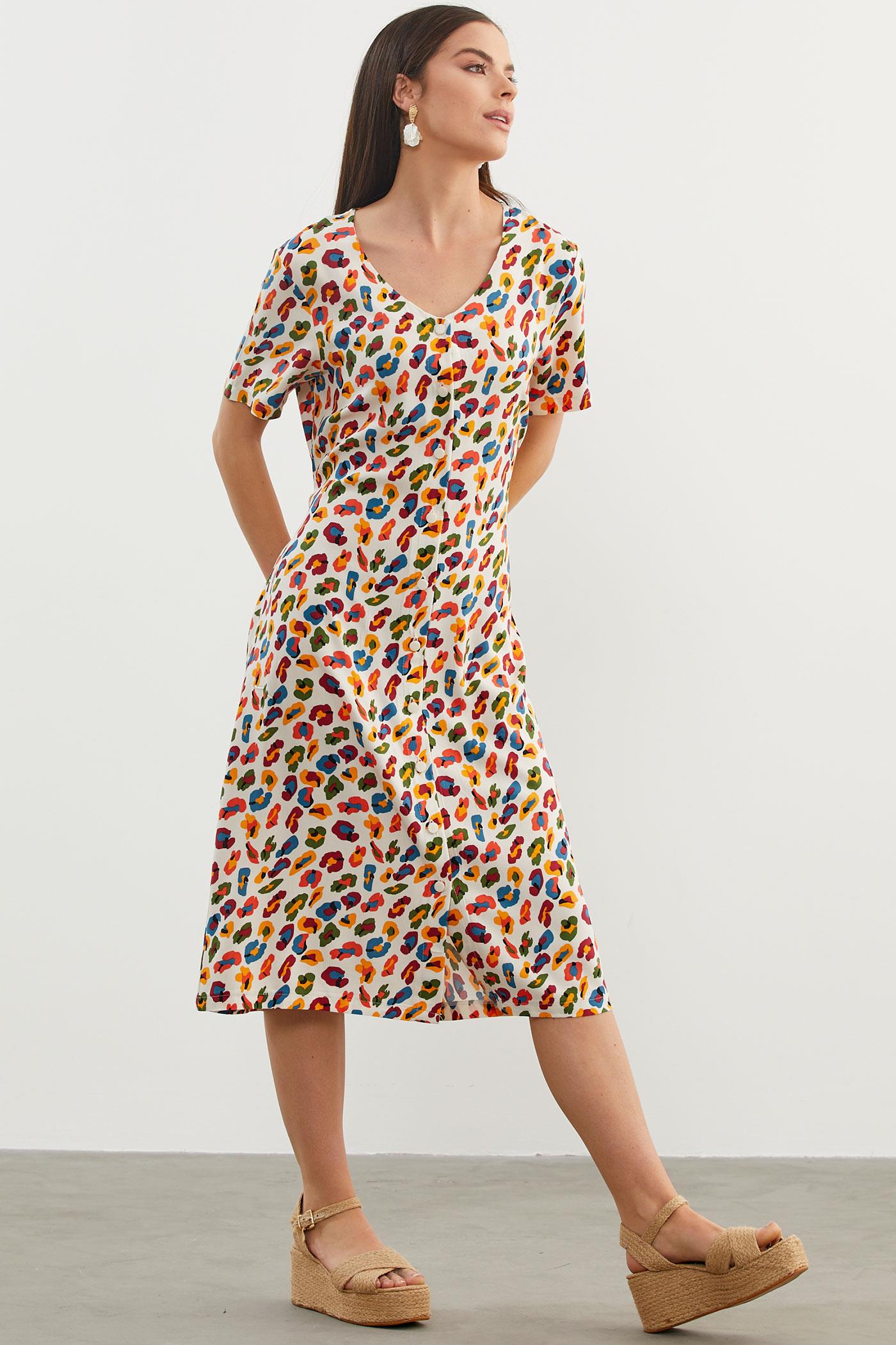 Çok Renk Desenli Gömlek Elbise - Ekru (6) Sementa