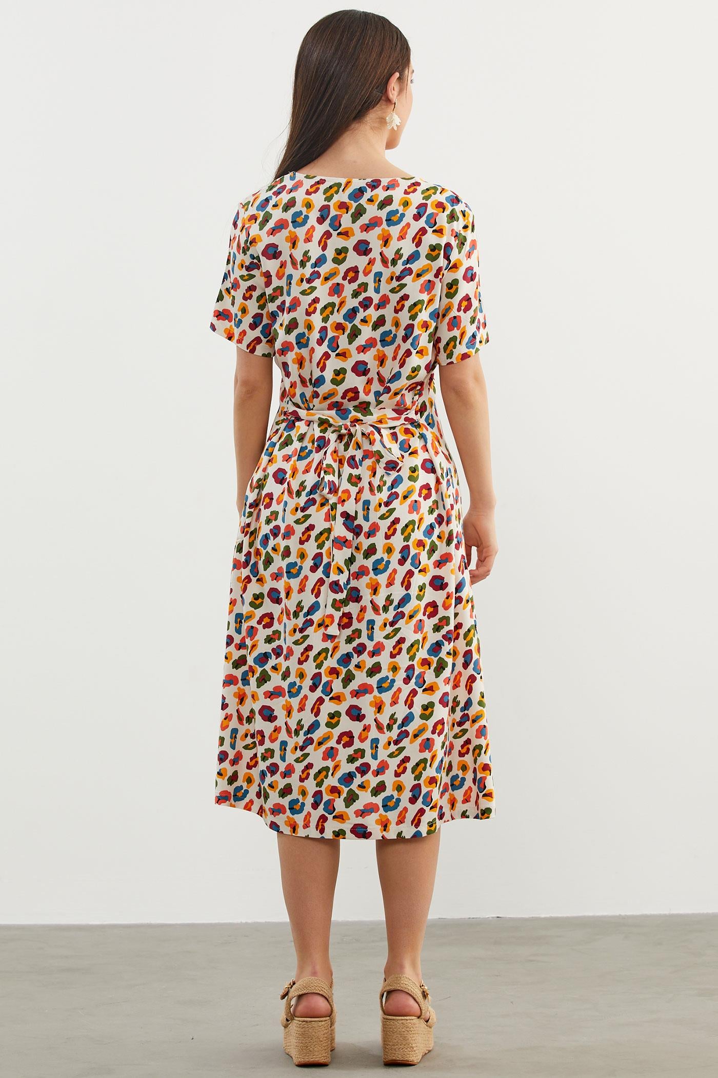 Çok Renk Desenli Gömlek Elbise - Ekru (7) Sementa