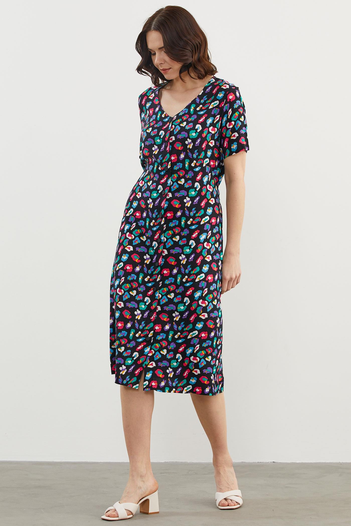 Çok Renk Desenli Gömlek Elbise - Siyah (3) Sementa