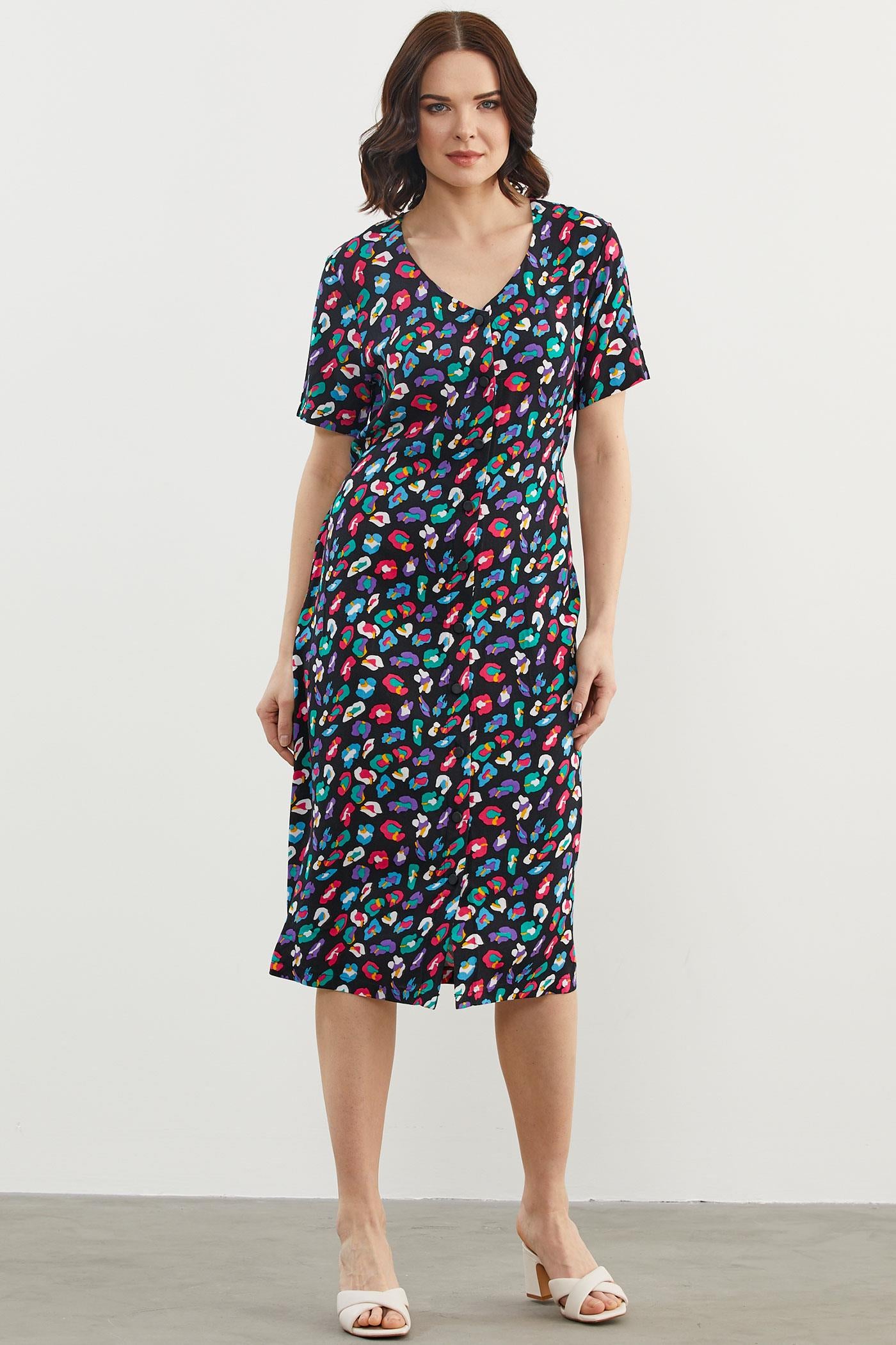 Çok Renk Desenli Gömlek Elbise - Siyah (4) Sementa