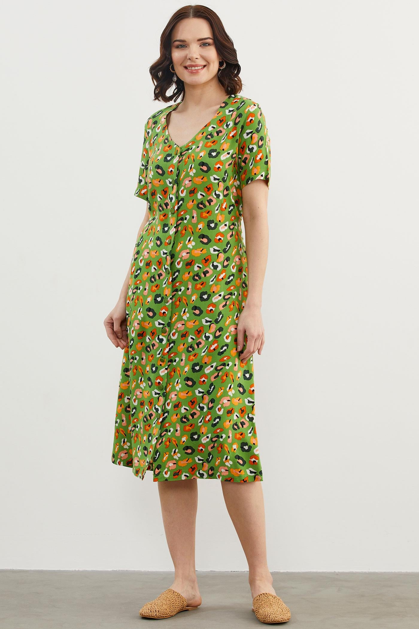 Çok Renk Desenli Gömlek Elbise - Yeşil (2) Sementa