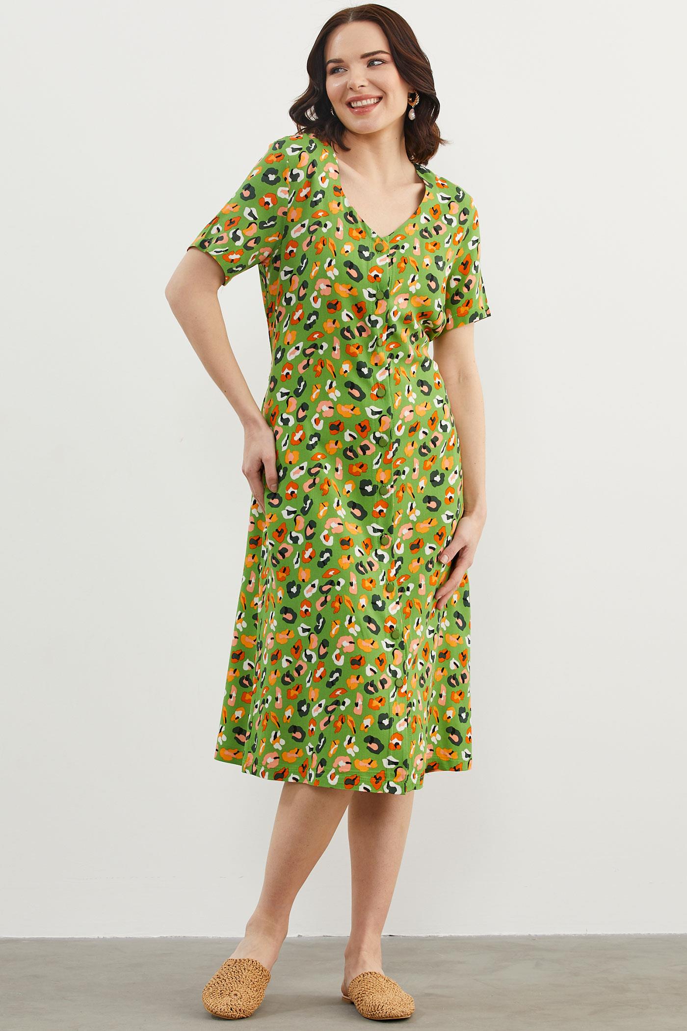 Çok Renk Desenli Gömlek Elbise - Yeşil (3) Sementa