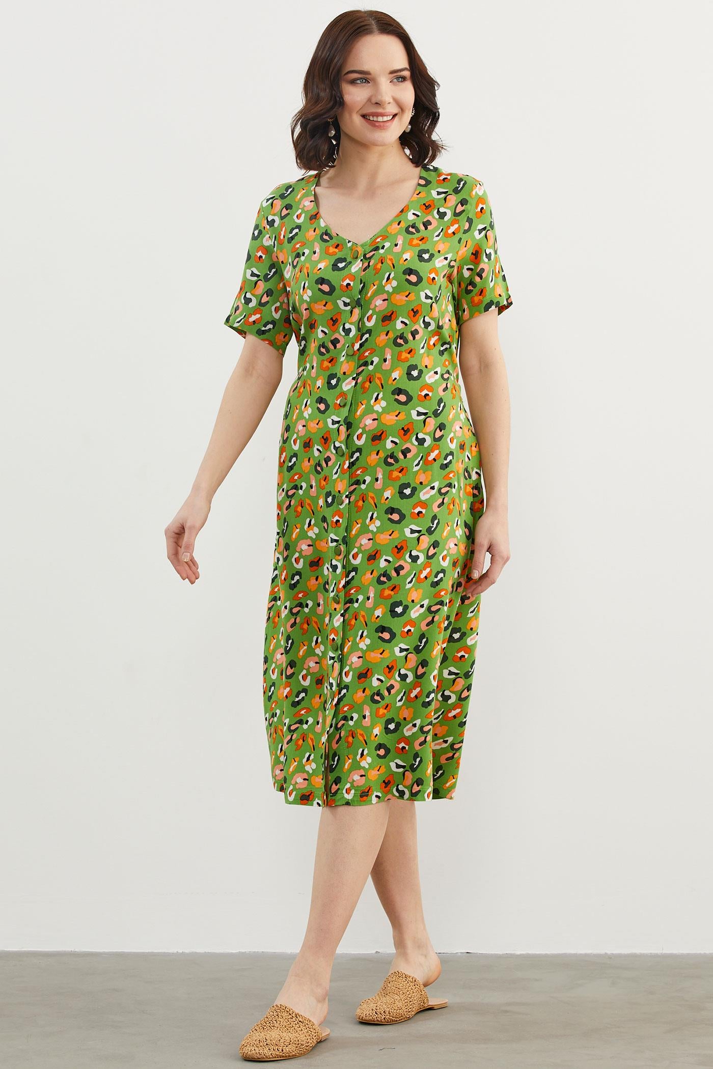 Çok Renk Desenli Gömlek Elbise - Yeşil (4) Sementa