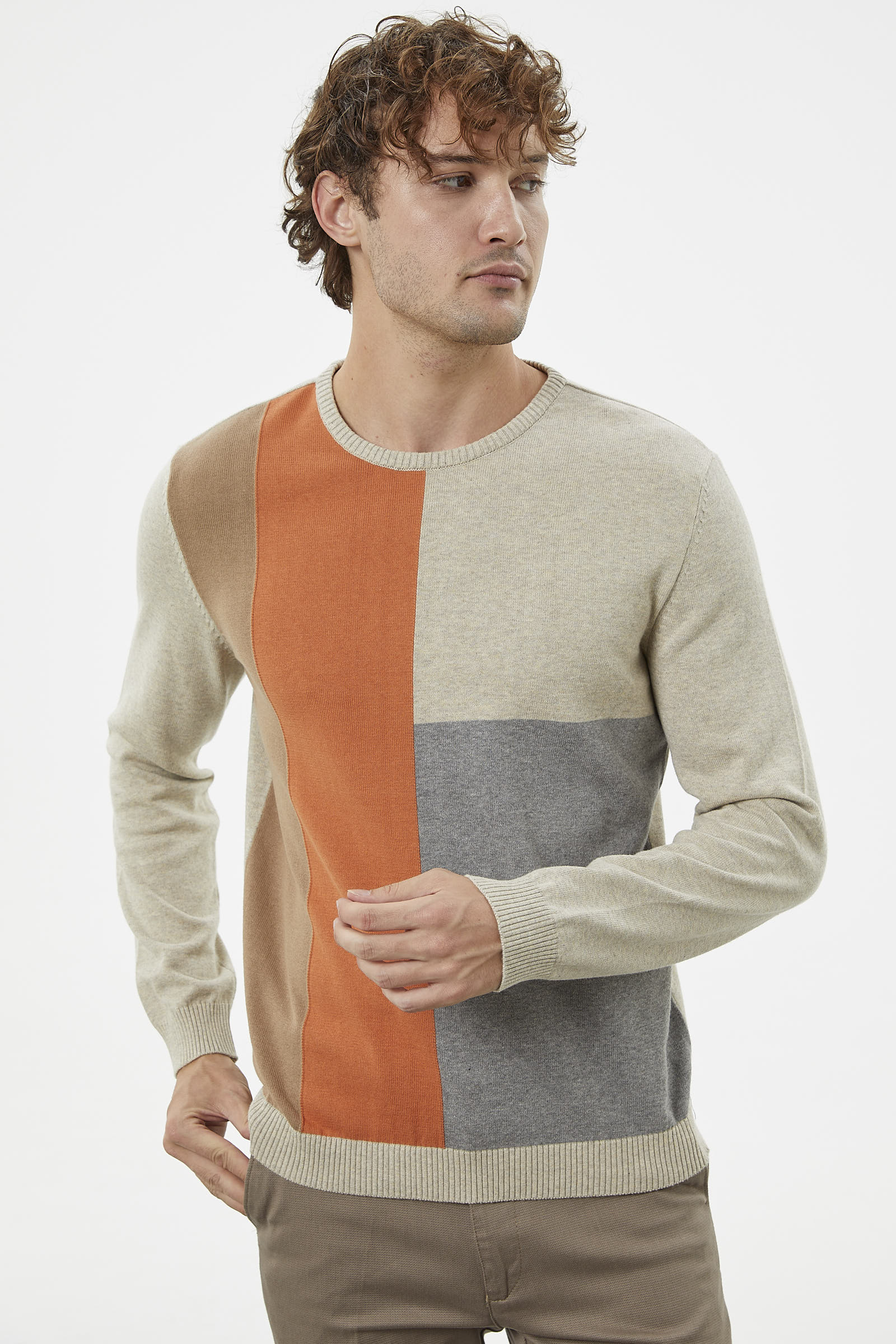 Çok Renkli Blok Desen Triko Kazak - Krem (3) Sementa