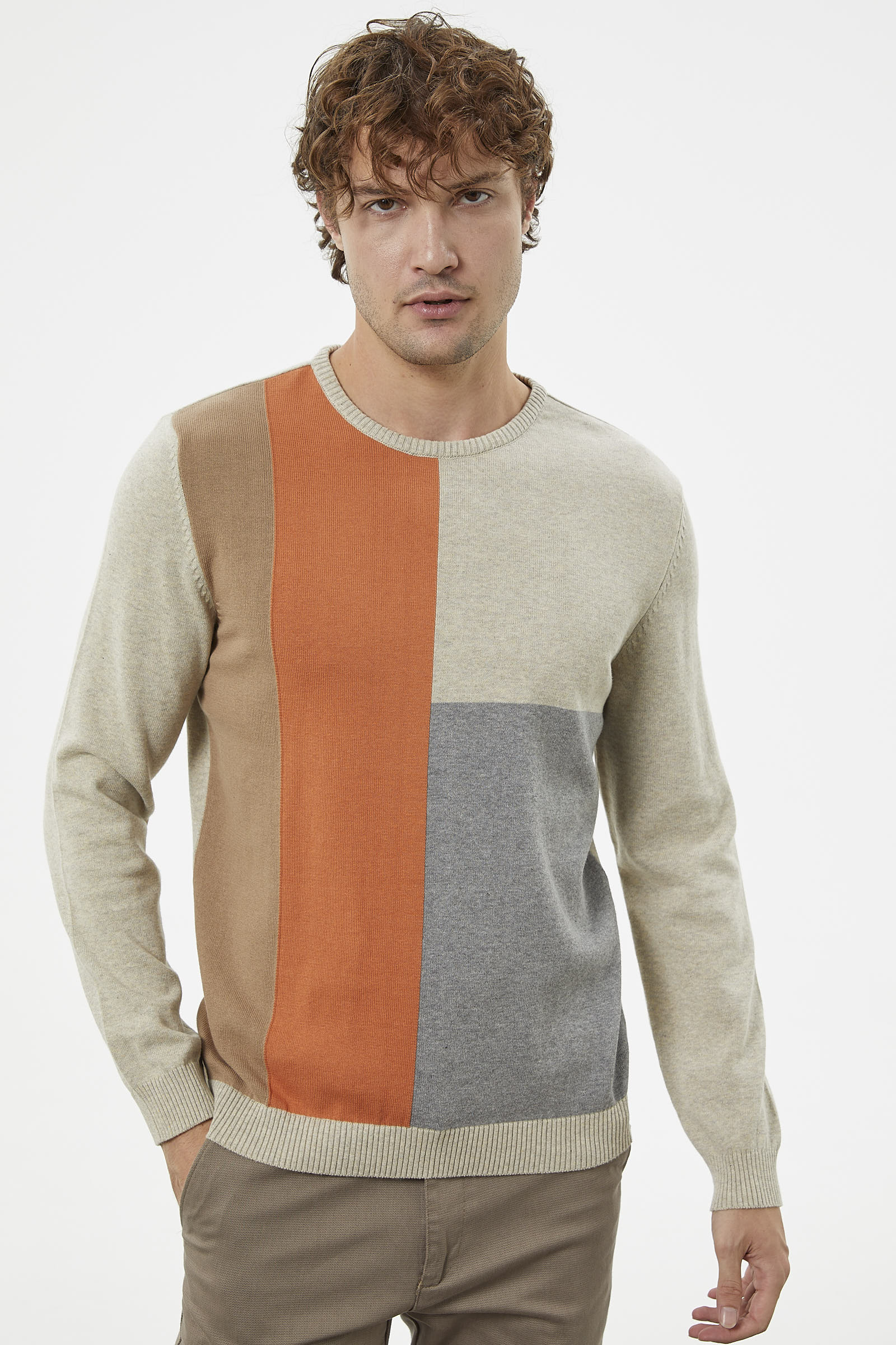 Çok Renkli Blok Desen Triko Kazak - Krem (2) Sementa