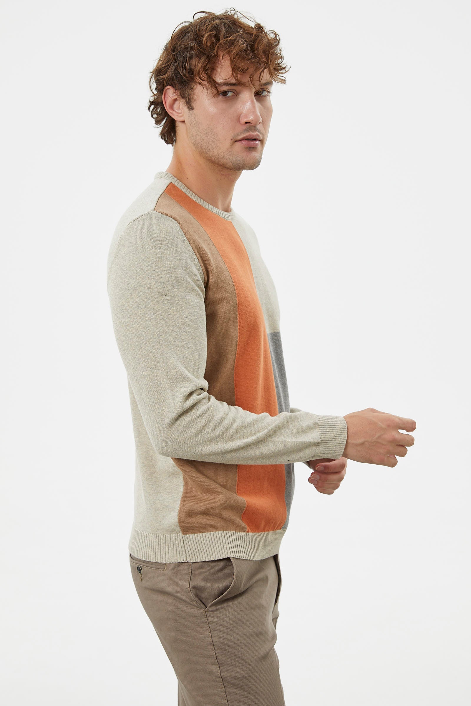 Çok Renkli Blok Desen Triko Kazak - Krem (4) Sementa