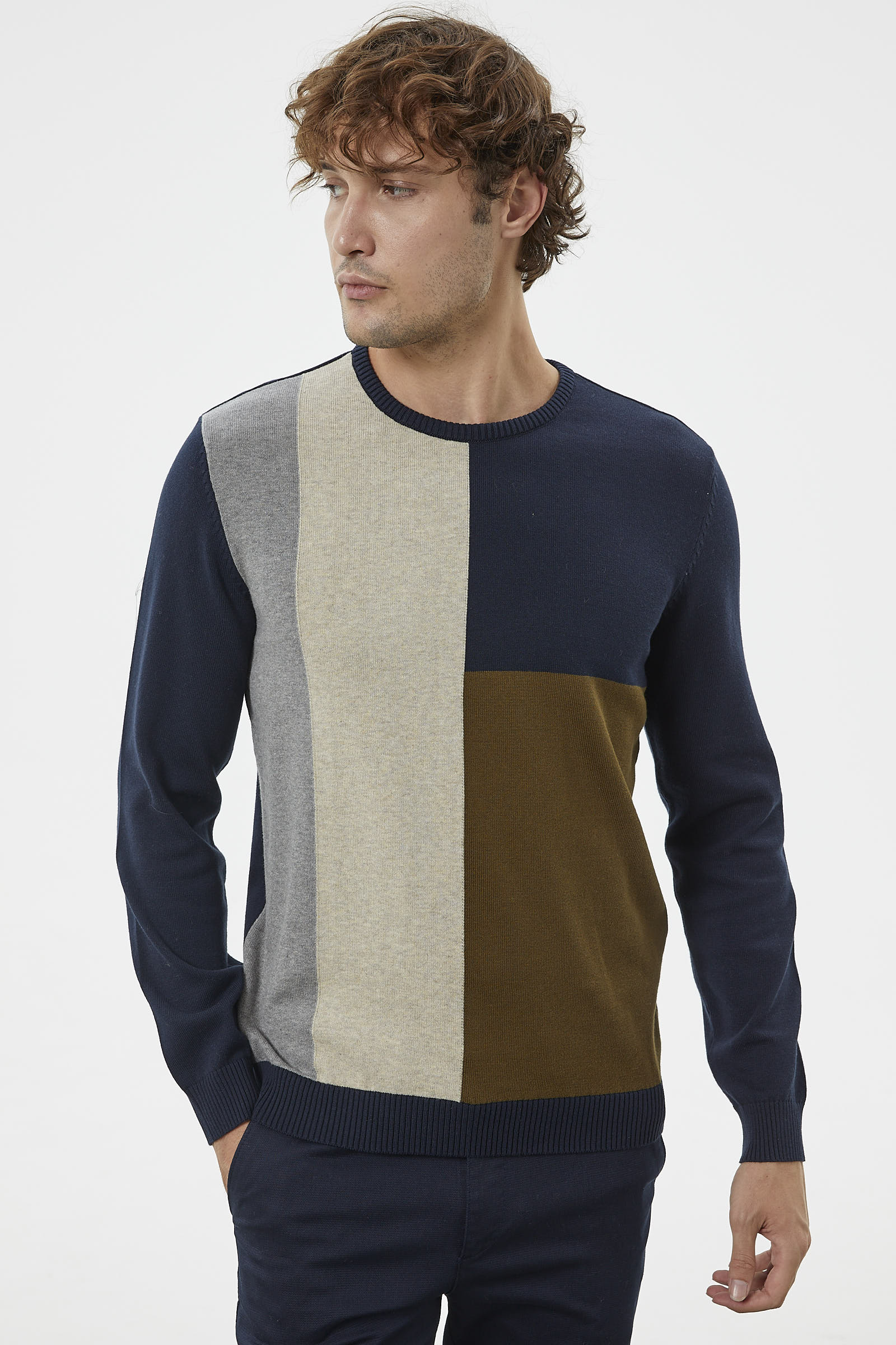 Çok Renkli Blok Desen Triko Kazak - Lacivert (2) Sementa