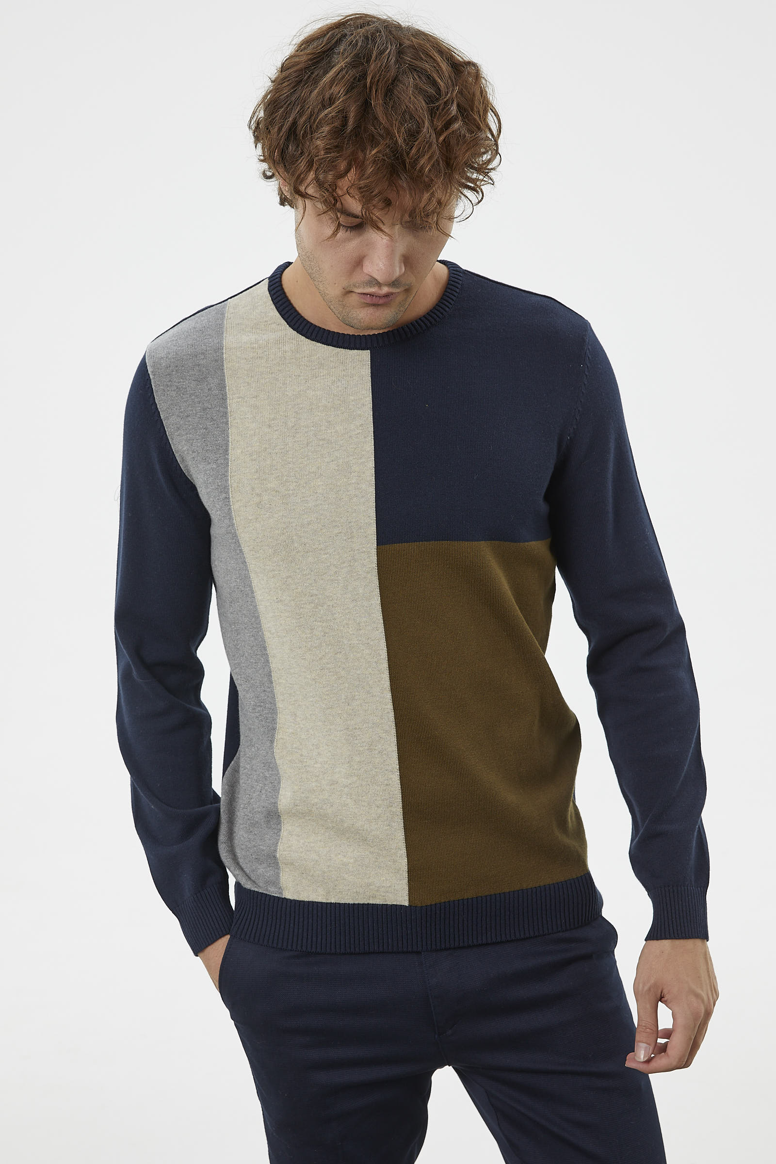 Çok Renkli Blok Desen Triko Kazak - Lacivert (3) Sementa