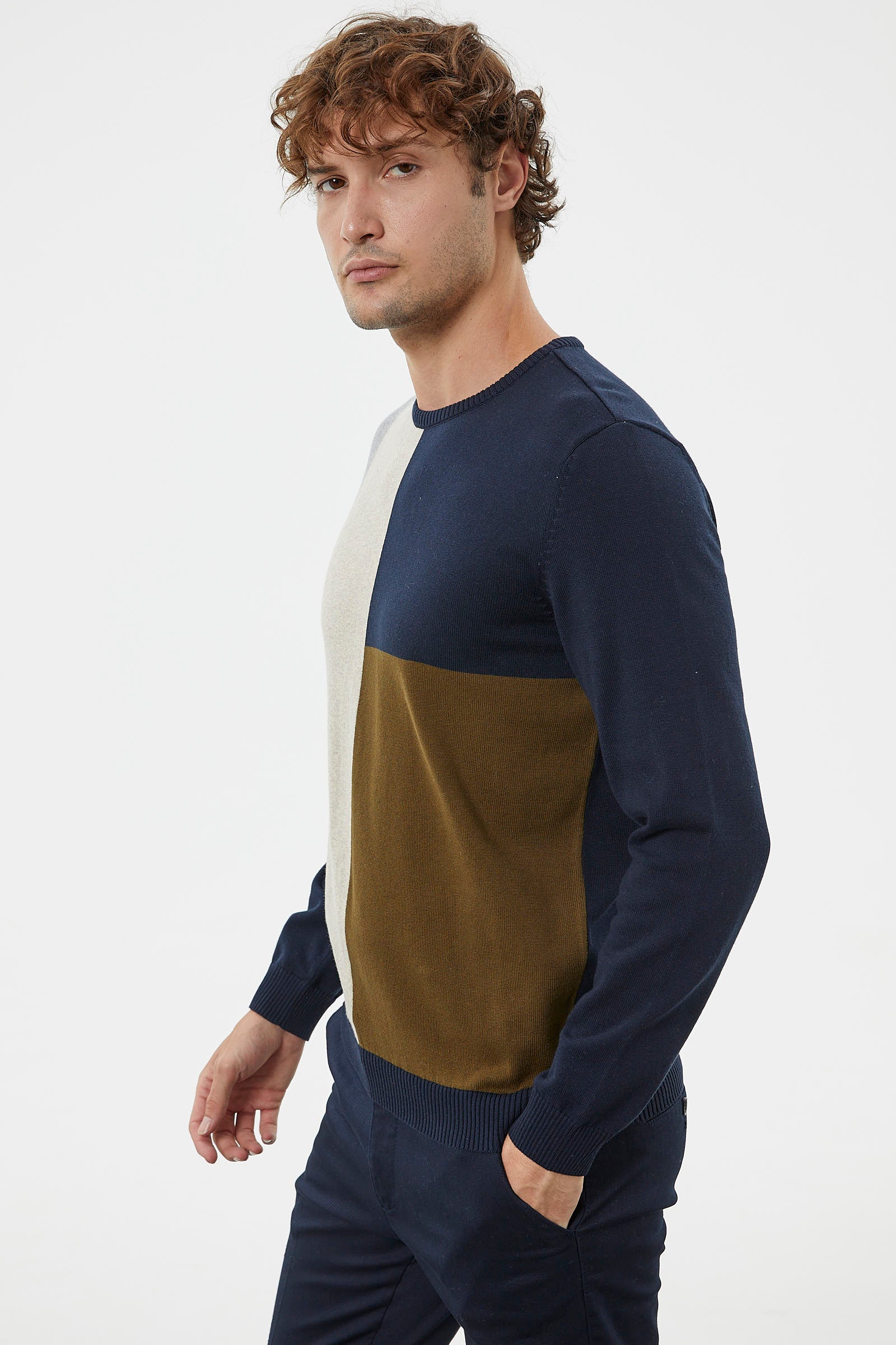 Çok Renkli Blok Desen Triko Kazak - Lacivert (4) Sementa