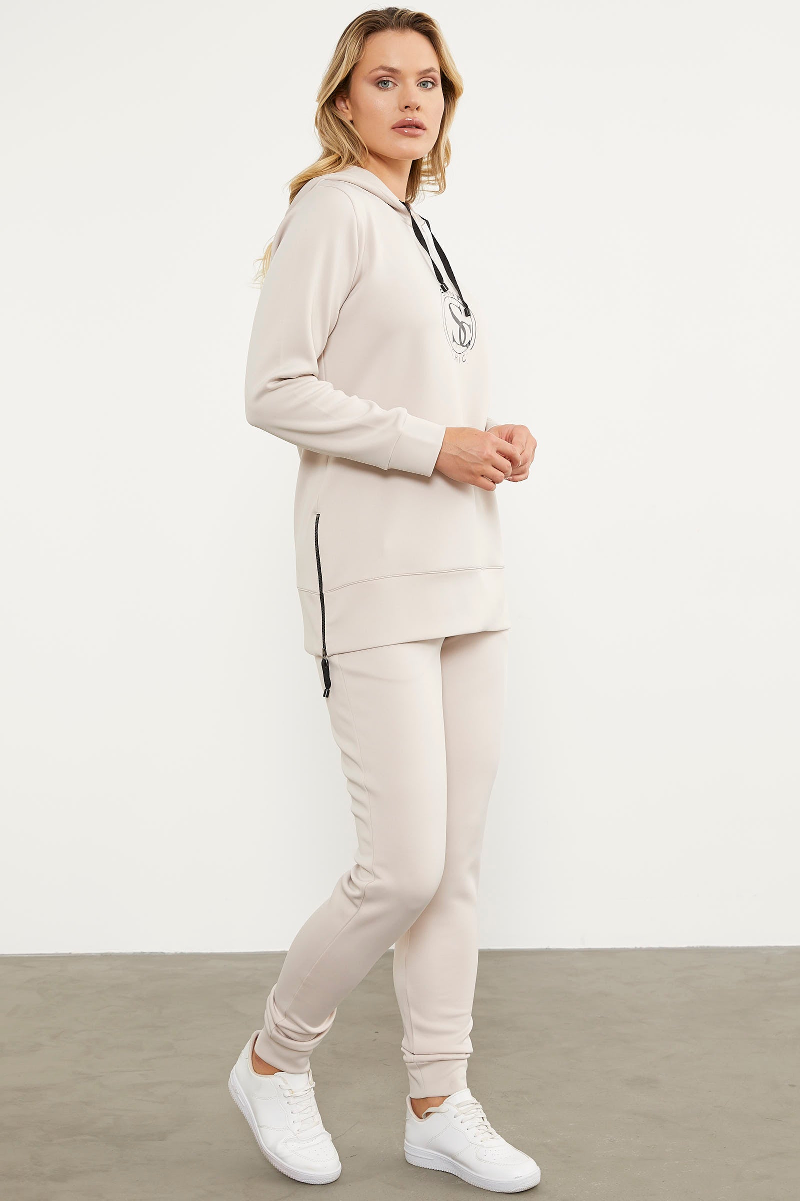 Dalgıç Kumaş Kapüşonlu Tunik Eşofman Takım - Bej (4) Sementa