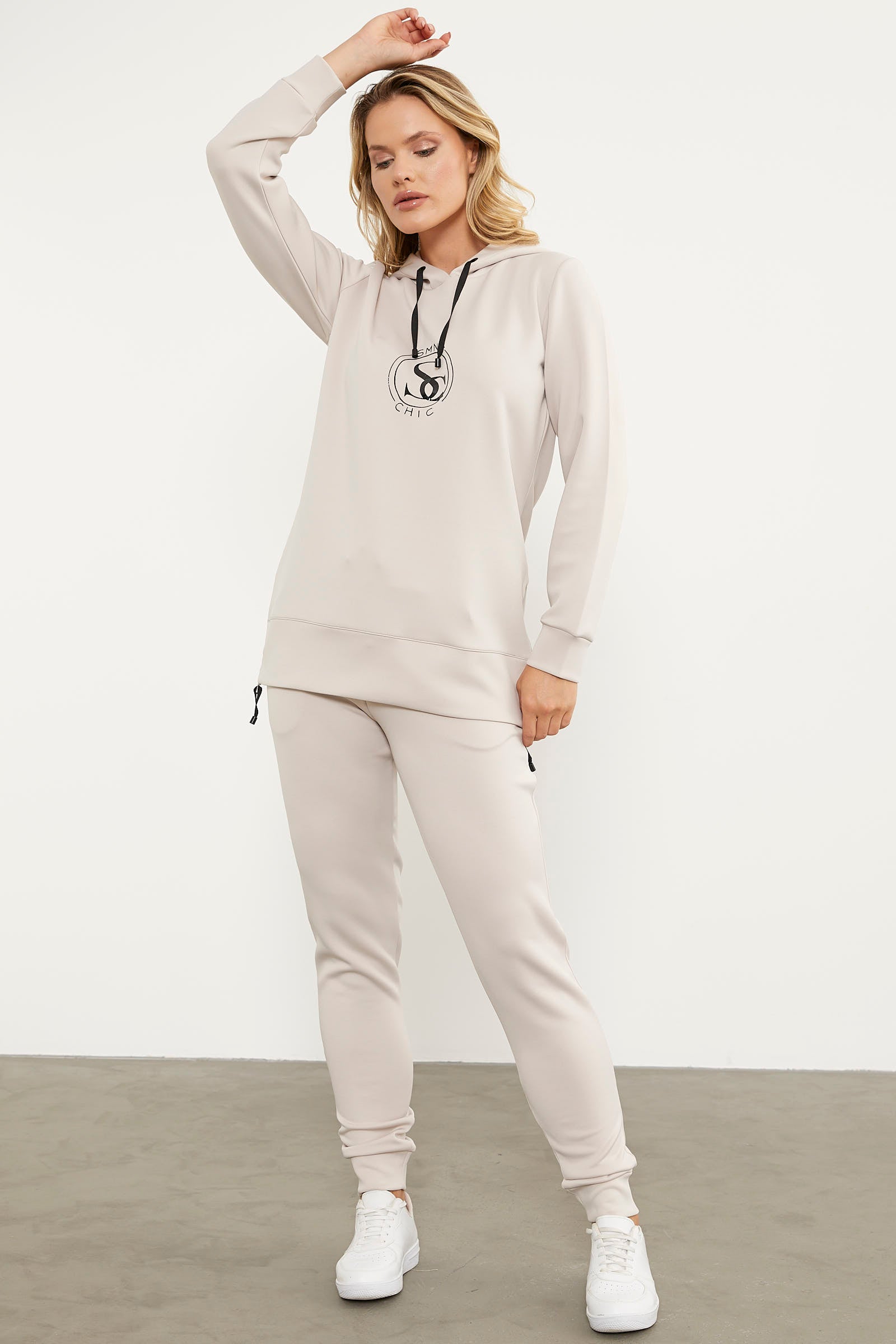 Dalgıç Kumaş Kapüşonlu Tunik Eşofman Takım - Bej (2) Sementa