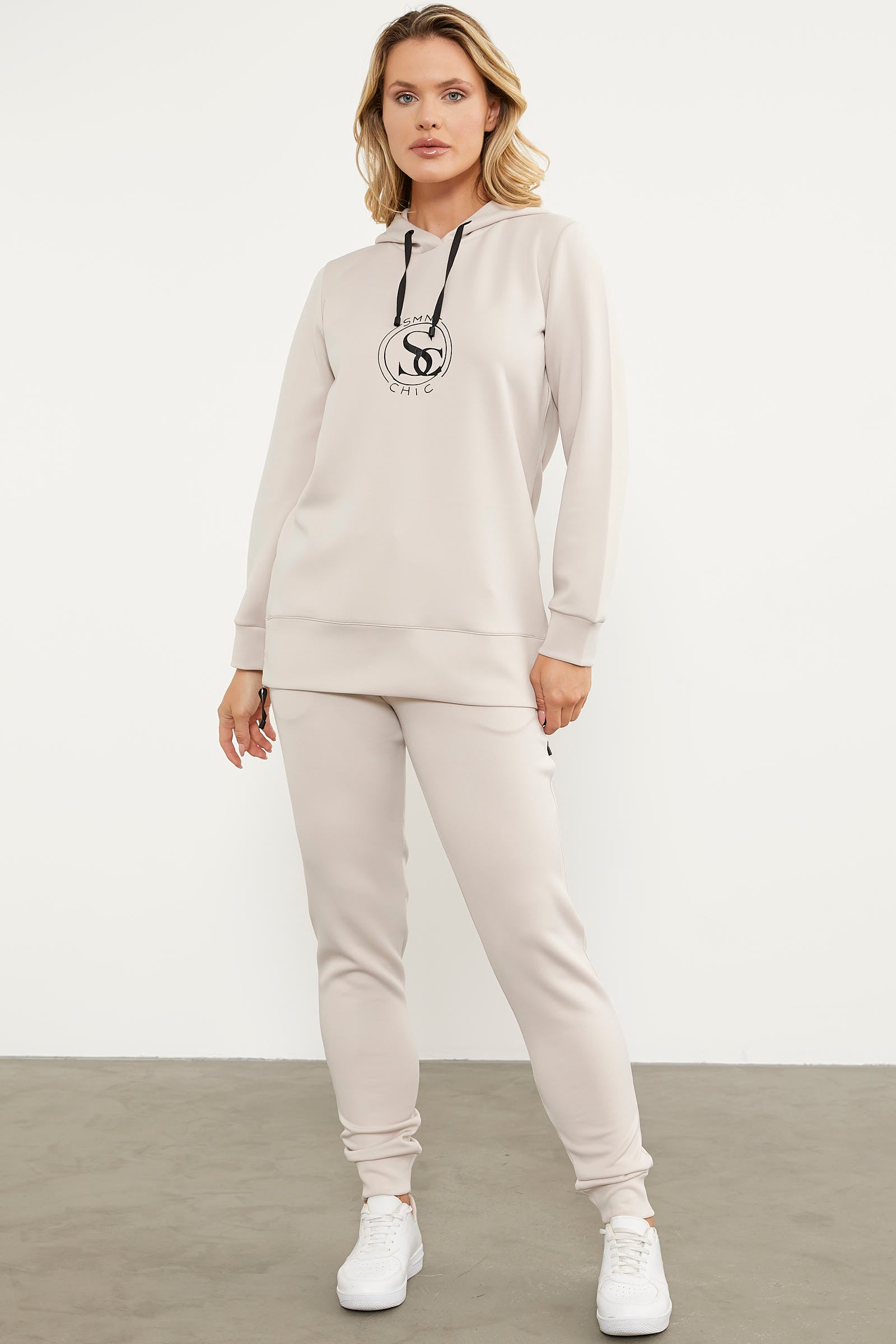 Dalgıç Kumaş Kapüşonlu Tunik Eşofman Takım - Bej (5) Sementa