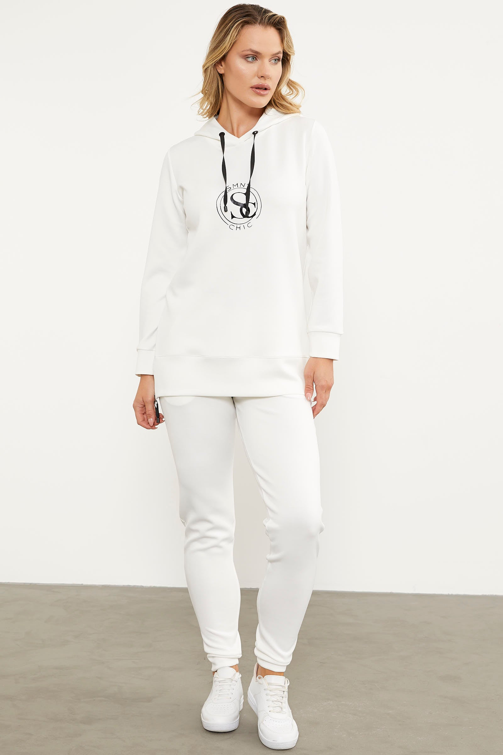 Dalgıç Kumaş Kapüşonlu Tunik Eşofman Takım - Ekru (4) Sementa