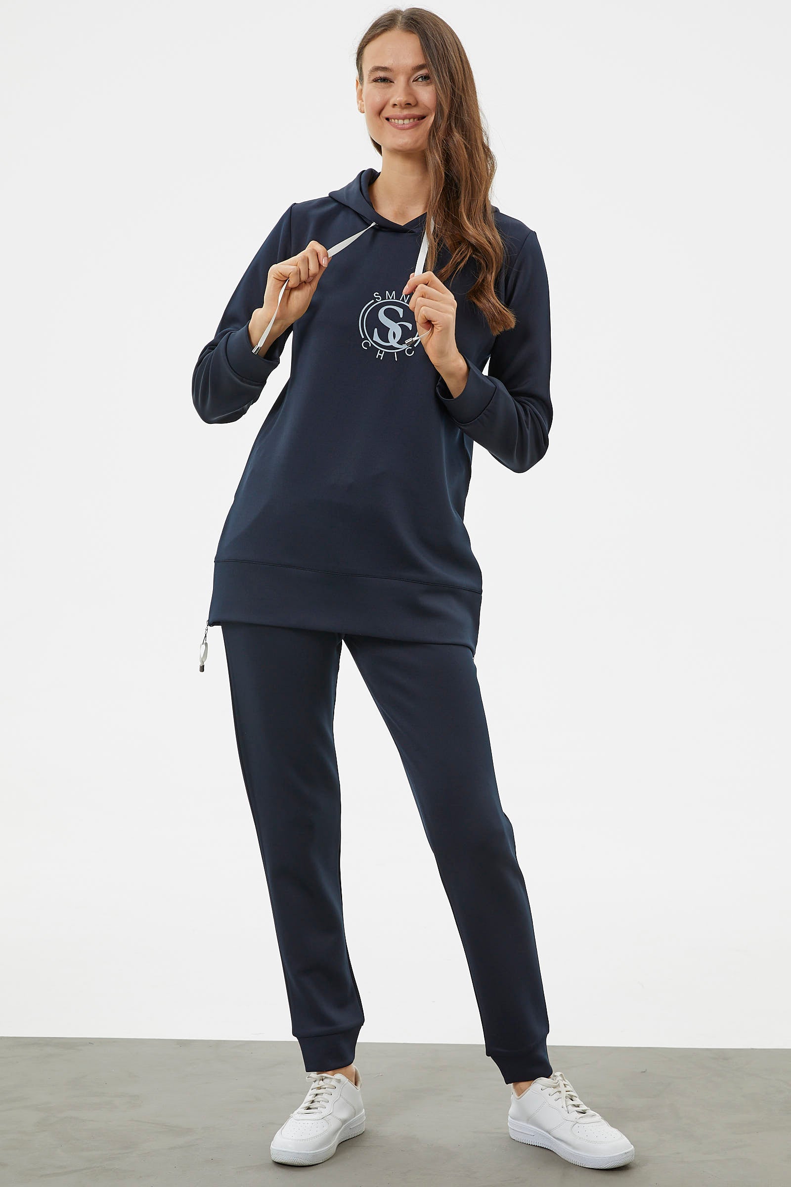 Dalgıç Kumaş Kapüşonlu Tunik Eşofman Takım - Lacivert (2) Sementa