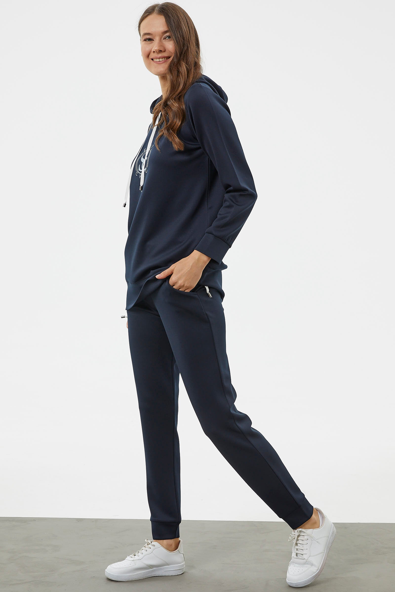 Dalgıç Kumaş Kapüşonlu Tunik Eşofman Takım - Lacivert (3) Sementa