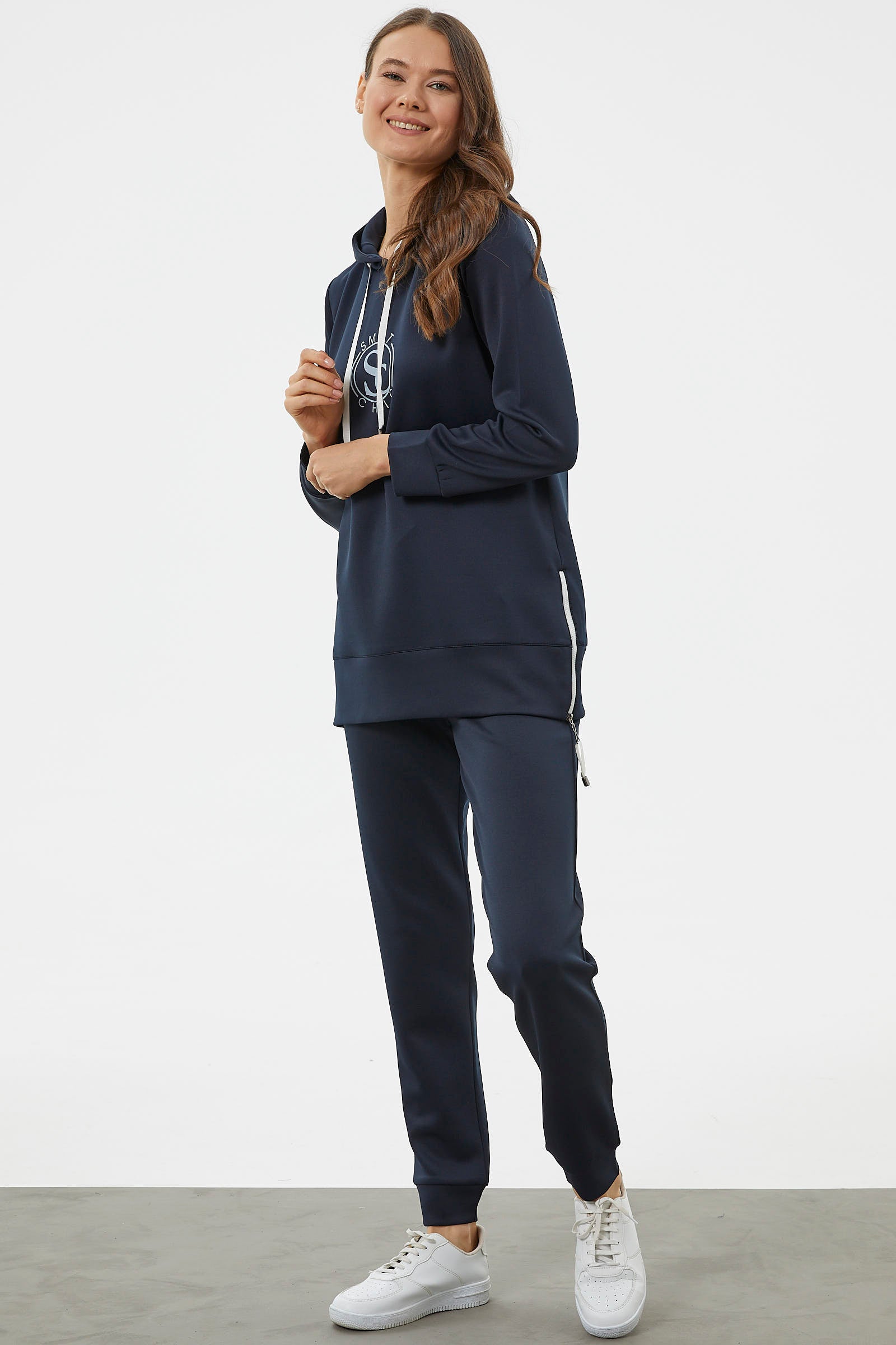 Dalgıç Kumaş Kapüşonlu Tunik Eşofman Takım - Lacivert (4) Sementa