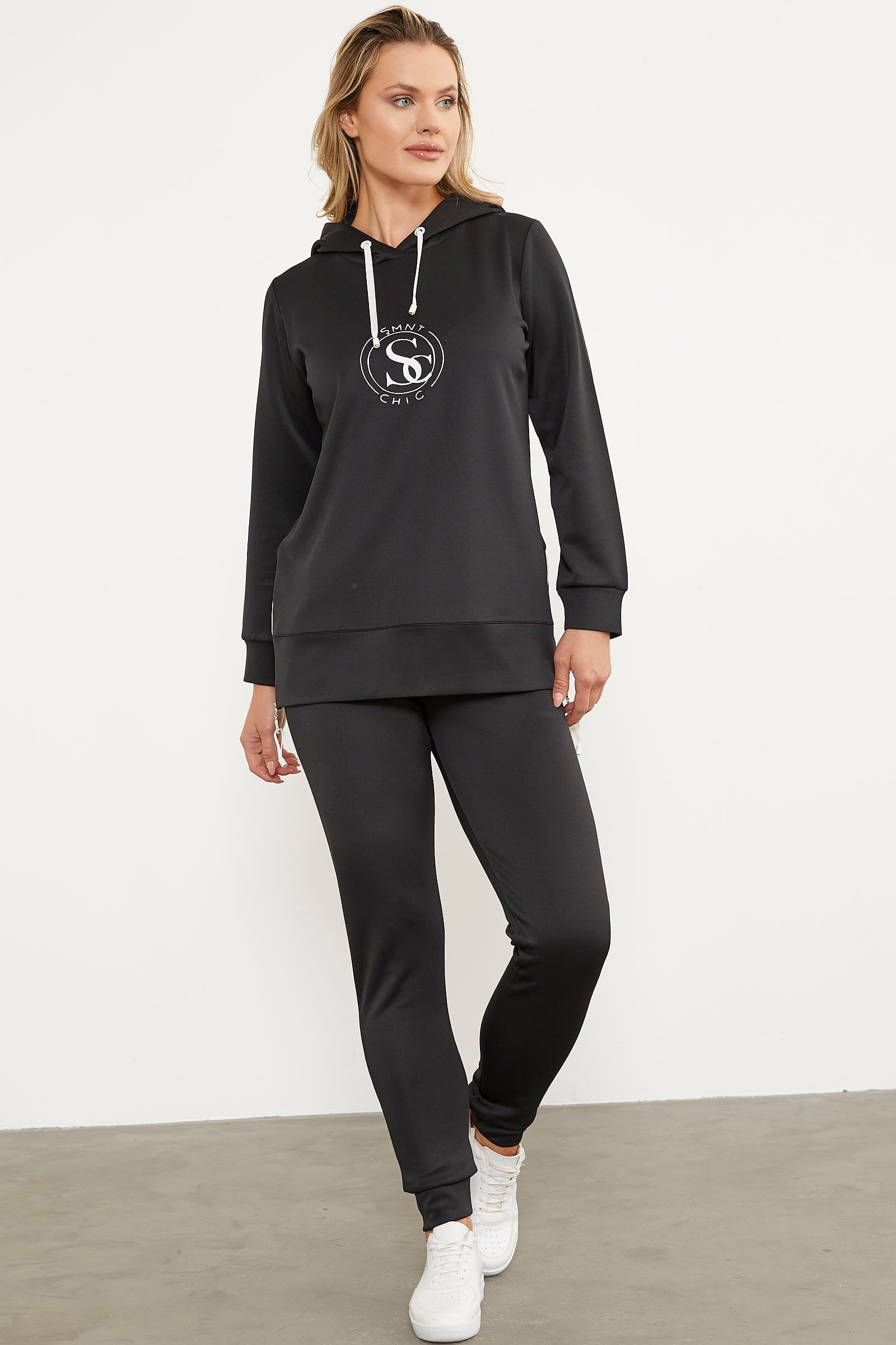Dalgıç Kumaş Kapüşonlu Tunik Eşofman Takım - Siyah (2) Sementa