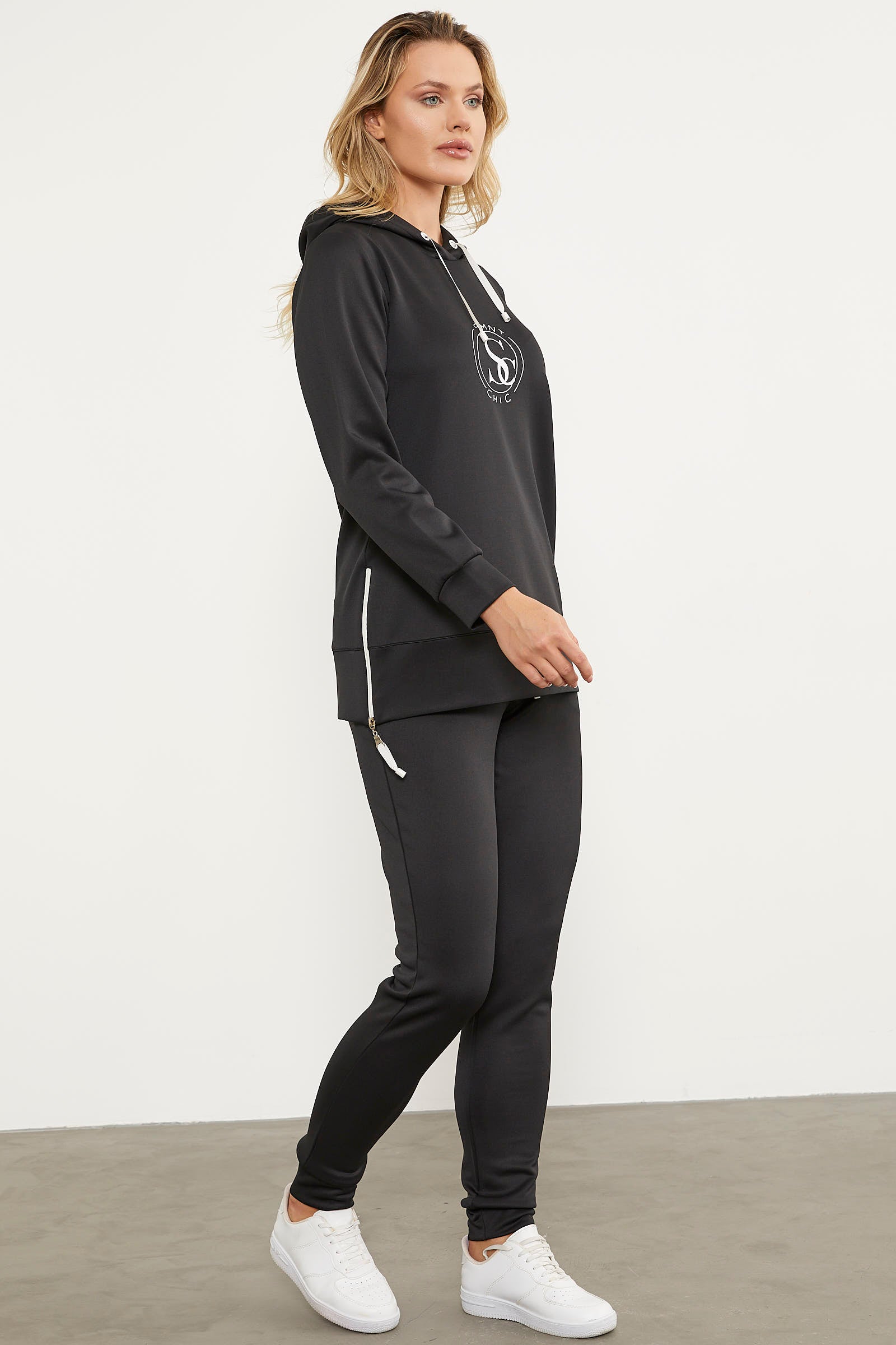 Dalgıç Kumaş Kapüşonlu Tunik Eşofman Takım - Siyah (4) Sementa